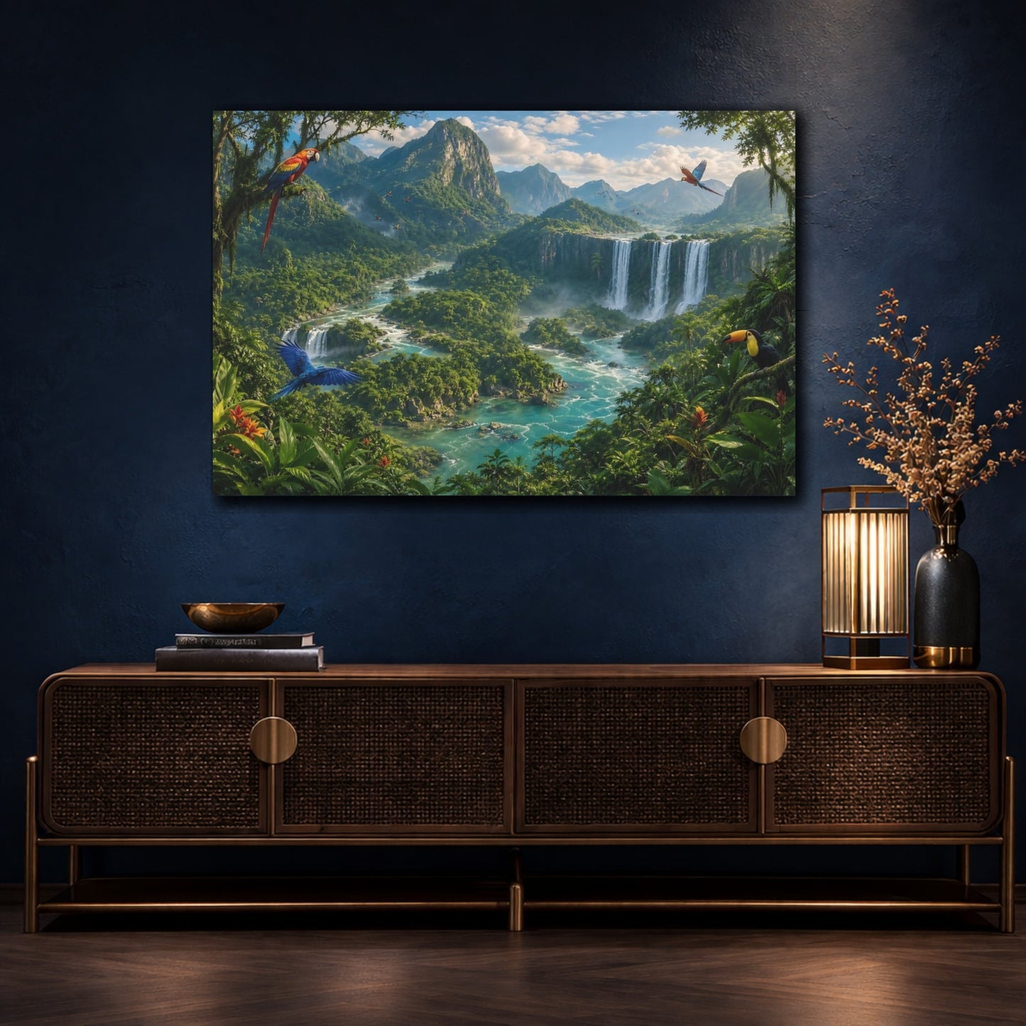 Mockup 4. Nature Jungle Waterfall Tropical Landscape shown as stretched canvas wall art