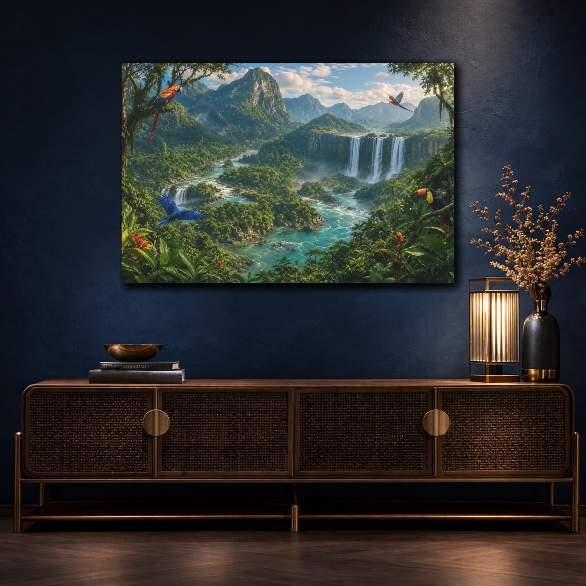 Mockup 4. Nature Jungle Waterfall Tropical Landscape shown as stretched canvas wall art