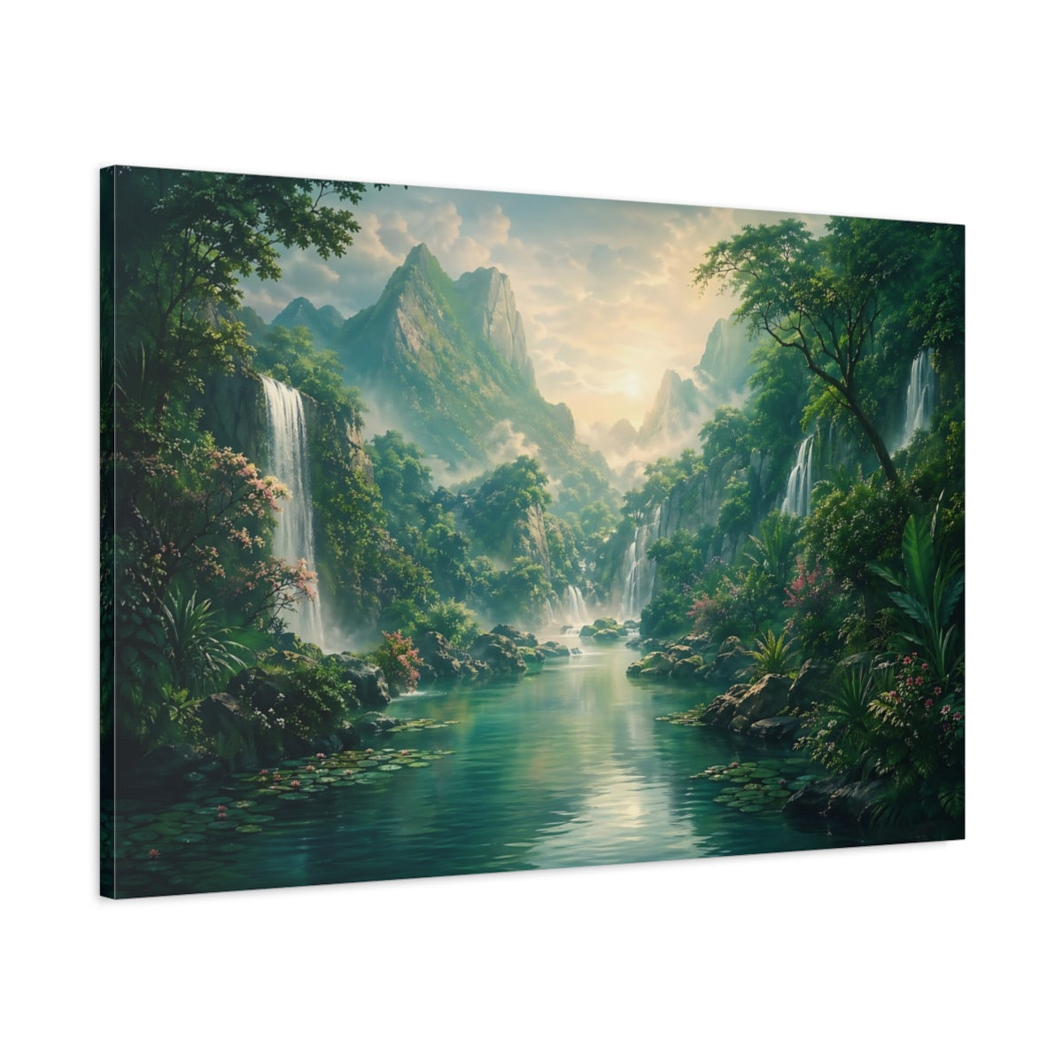Main Mockup. Nature Jungle Waterfalls Green And Teal shown as stretched canvas wall art