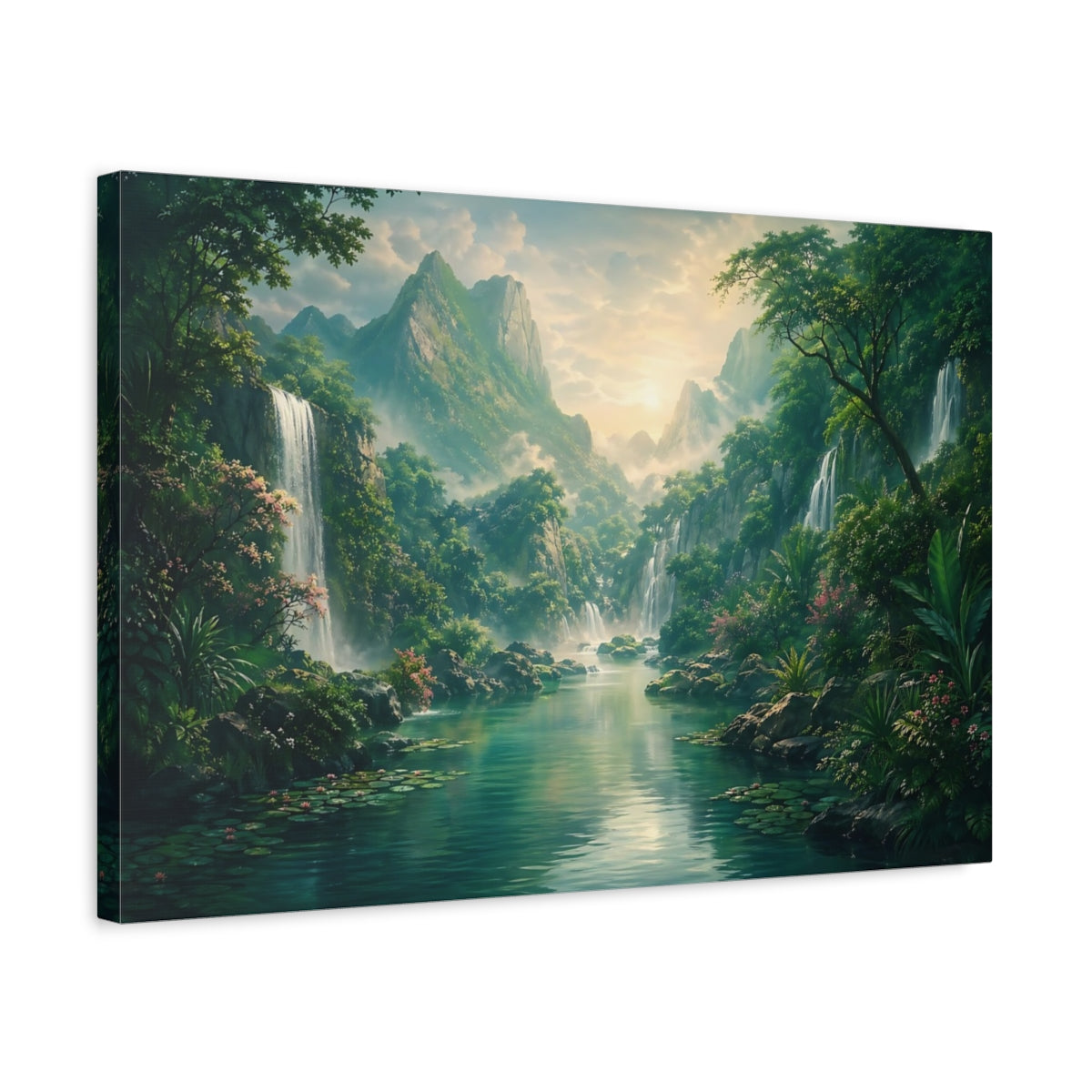 Side Mockup 3. Nature Jungle Waterfalls Green And Teal shown as stretched canvas wall art