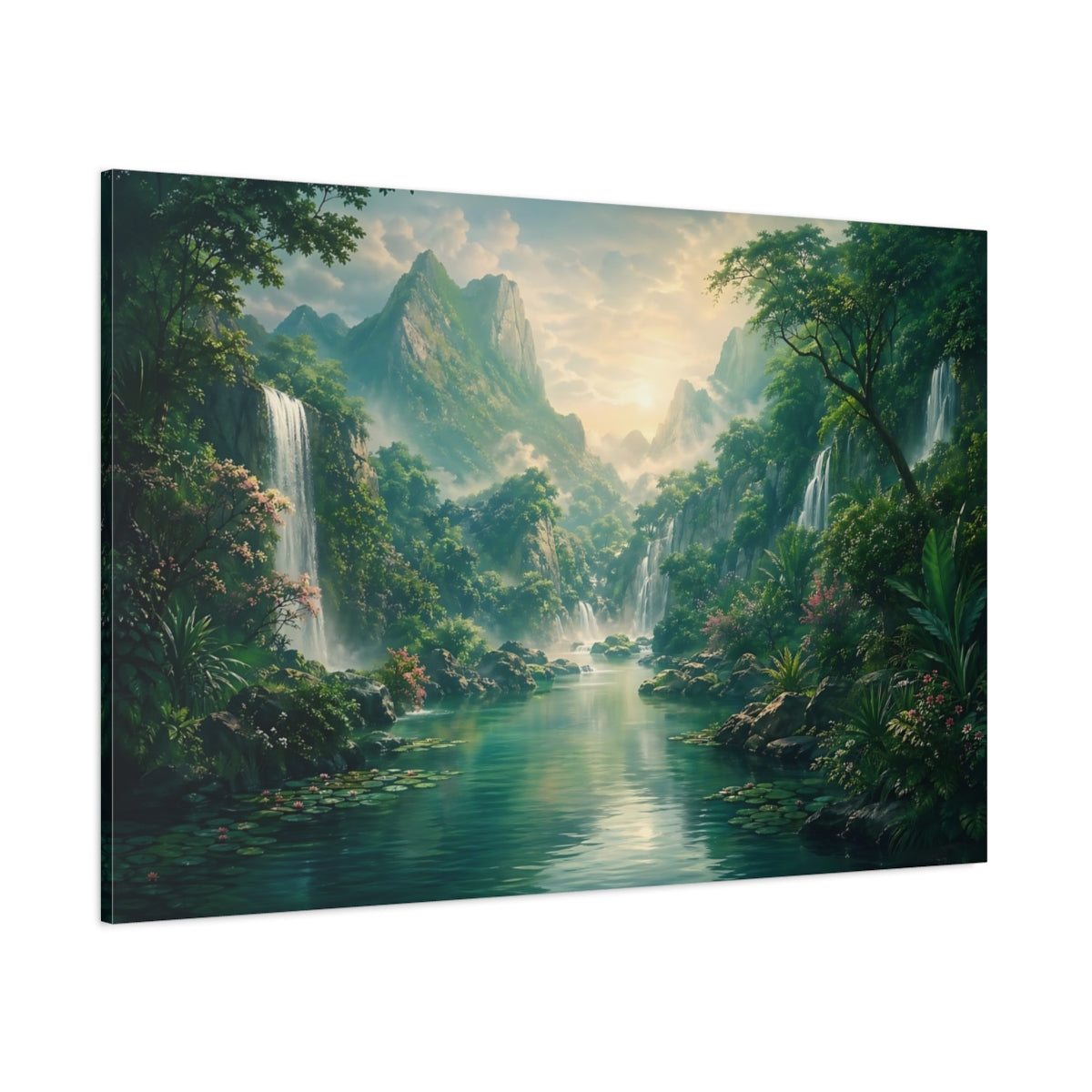 Side Mockup 1. Nature Jungle Waterfalls Green And Teal shown as stretched canvas wall art