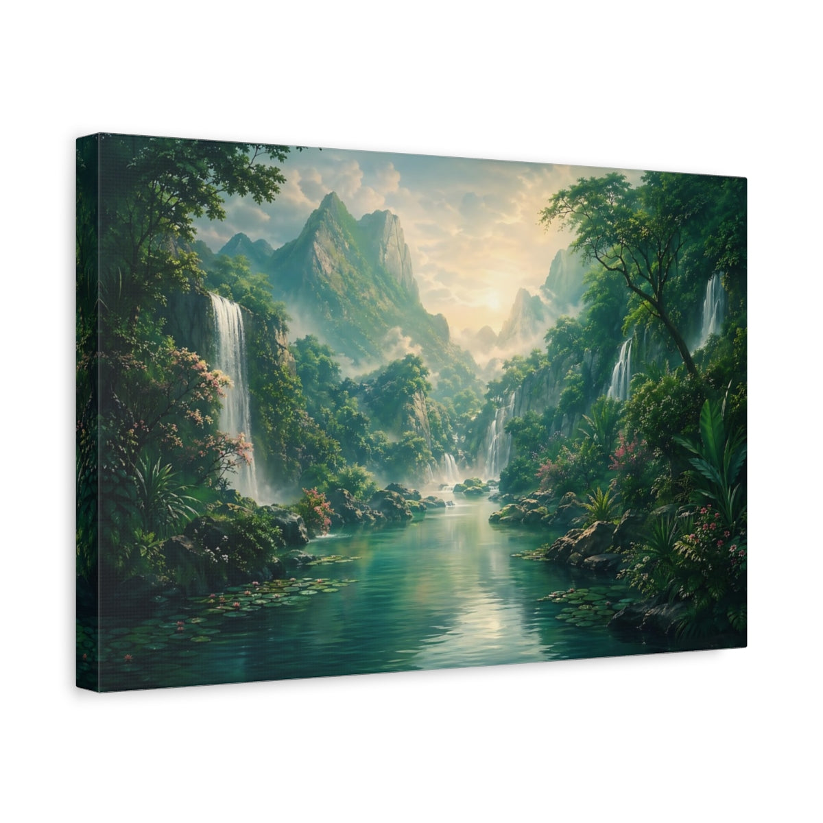 Side Mockup 4. Nature Jungle Waterfalls Green And Teal shown as stretched canvas wall art