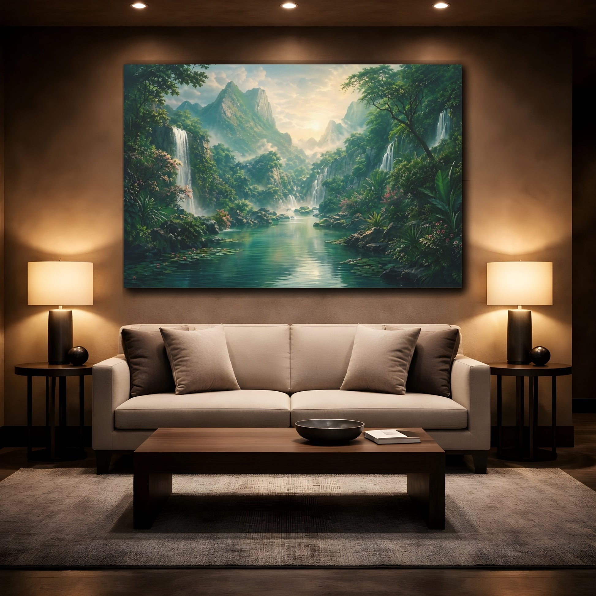 Mockup 2. Nature Jungle Waterfalls Green And Teal shown as stretched canvas wall art