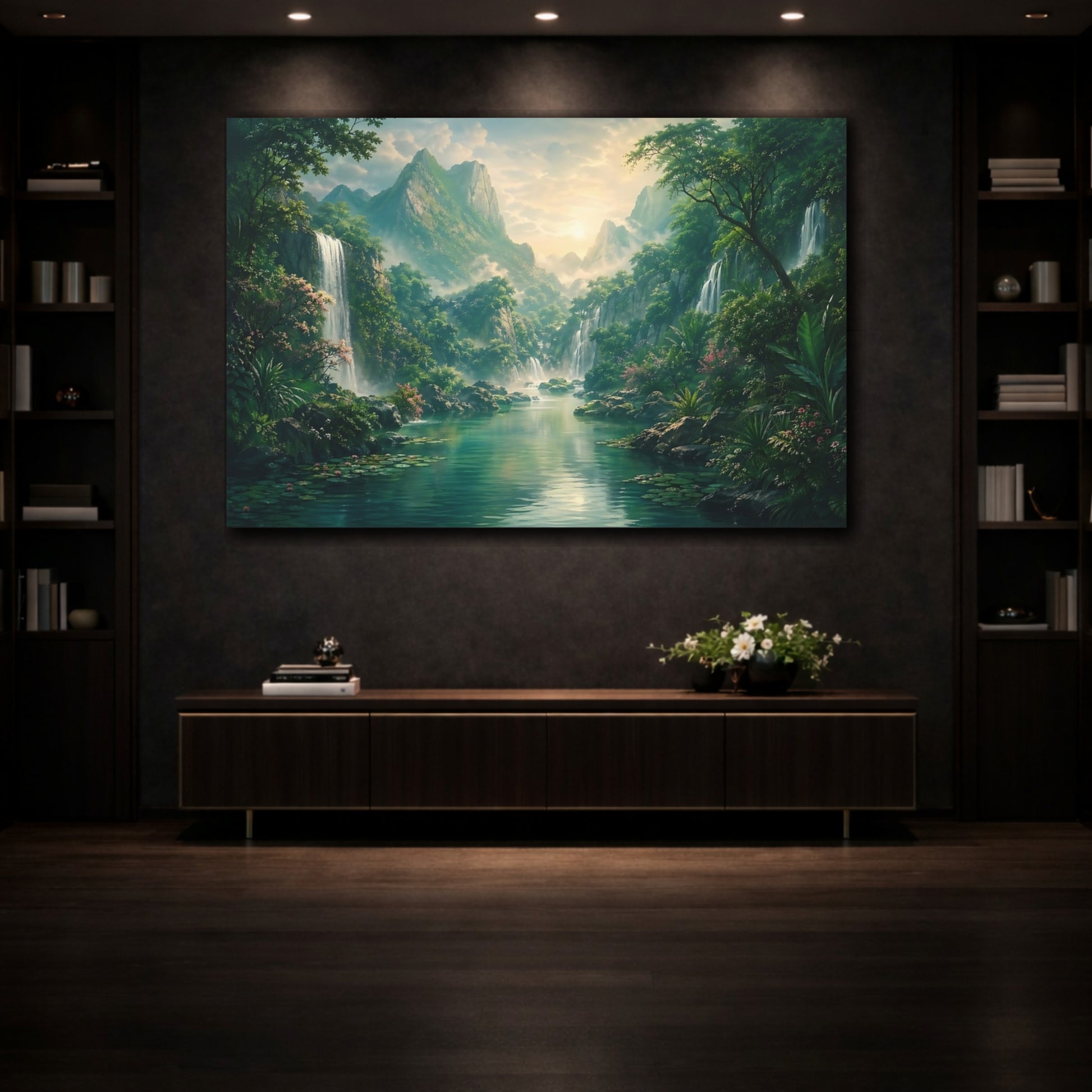 Mockup 3. Nature Jungle Waterfalls Green And Teal shown as stretched canvas wall art