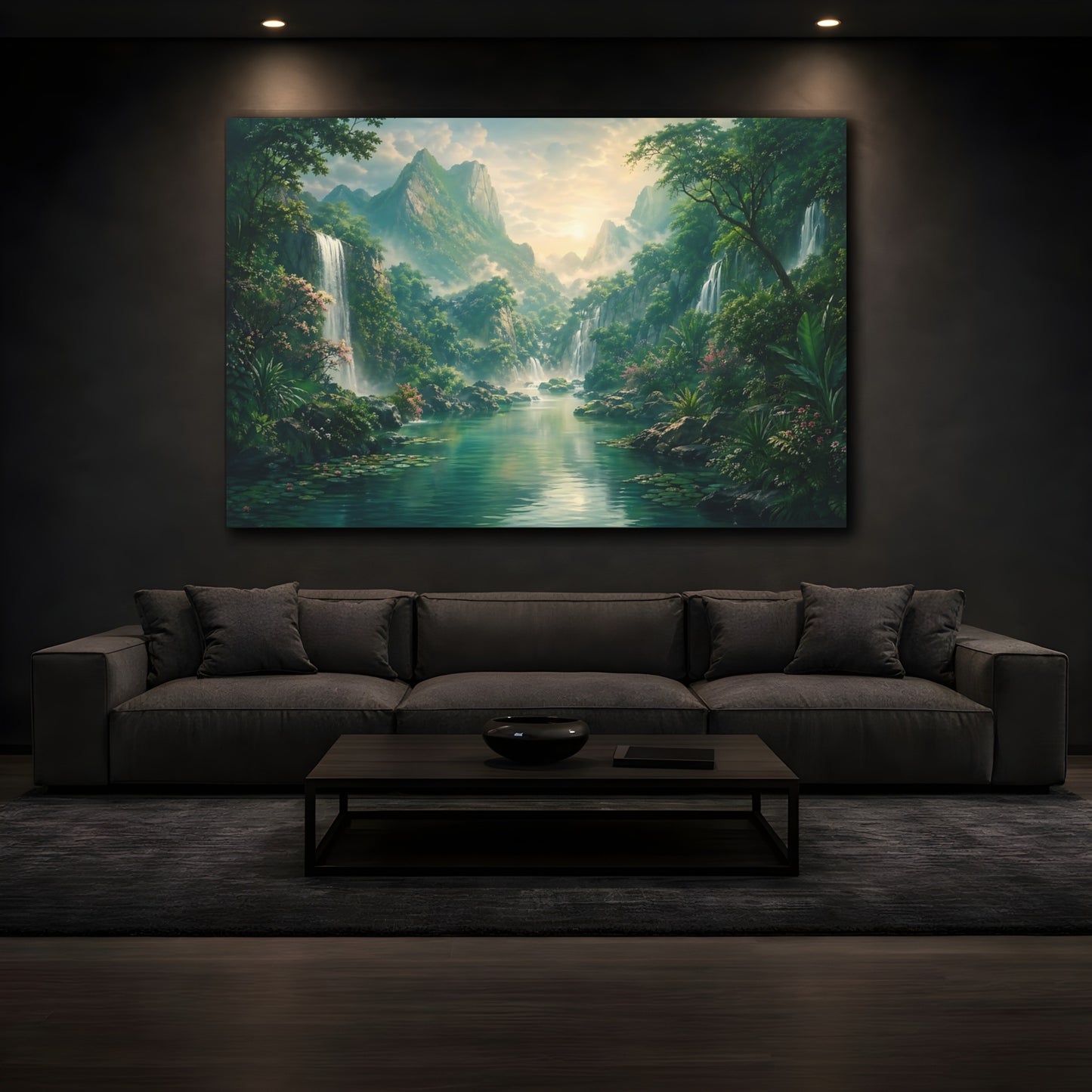 Mockup 4. Nature Jungle Waterfalls Green And Teal shown as stretched canvas wall art