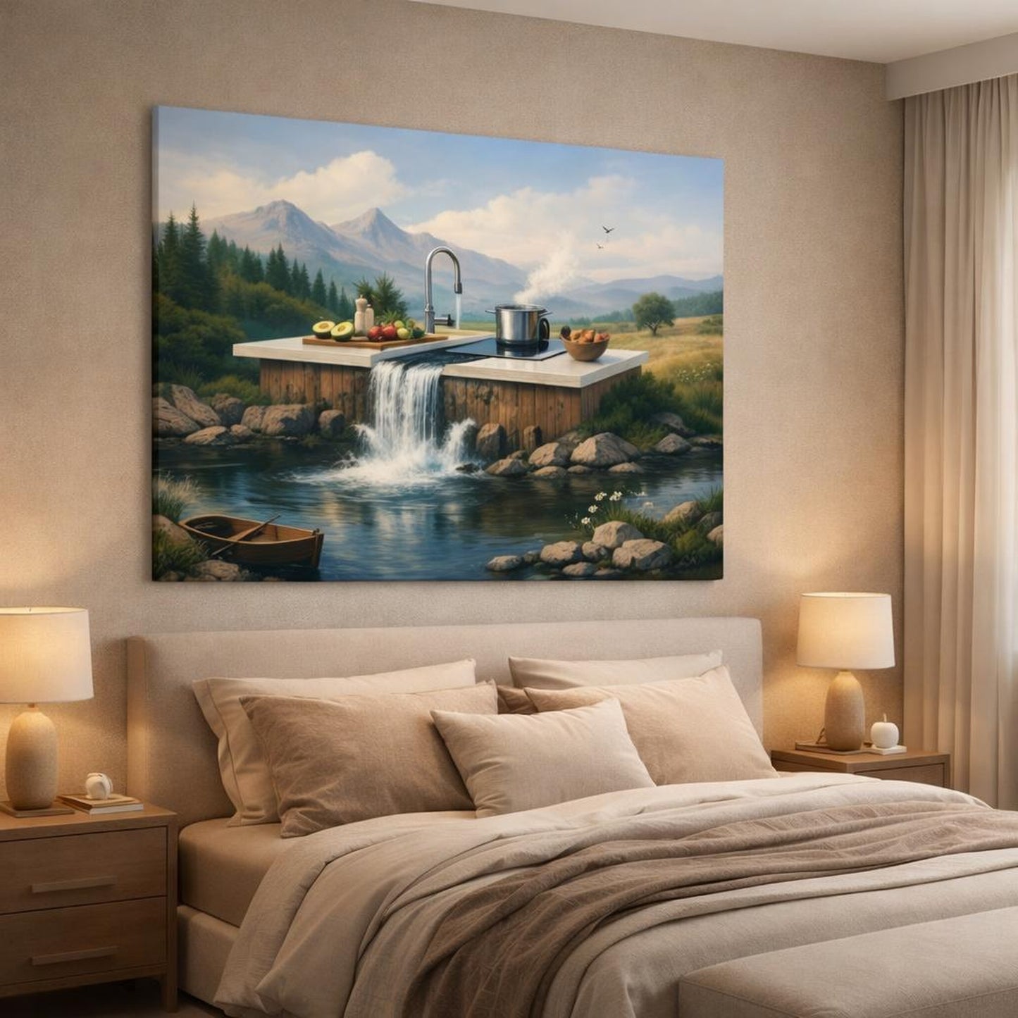 Nature Kitchen Vibes shown as canvas wall art in a luxury bedroom