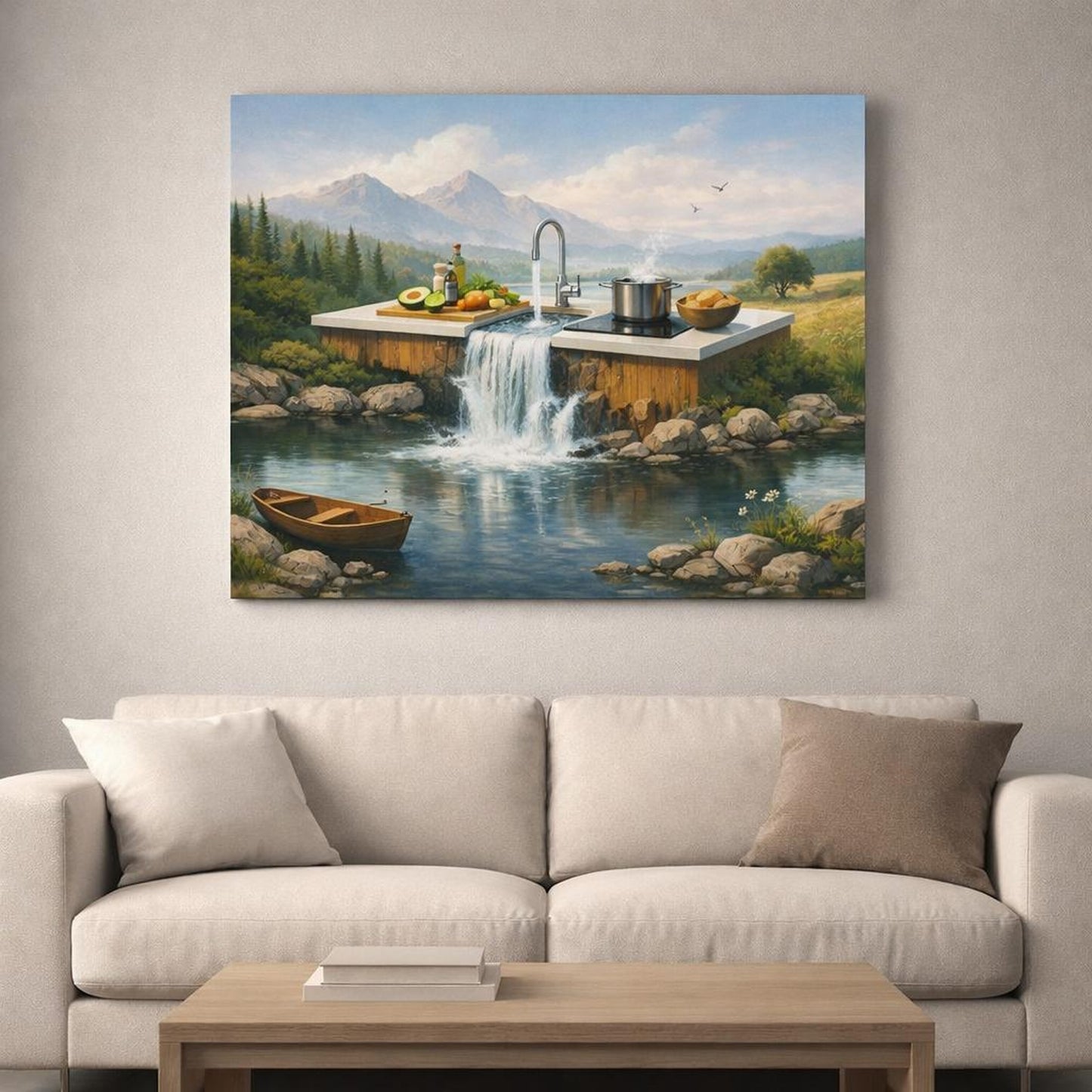 Nature Kitchen Vibes shown as canvas wall art in an elegant contemporary kitchen