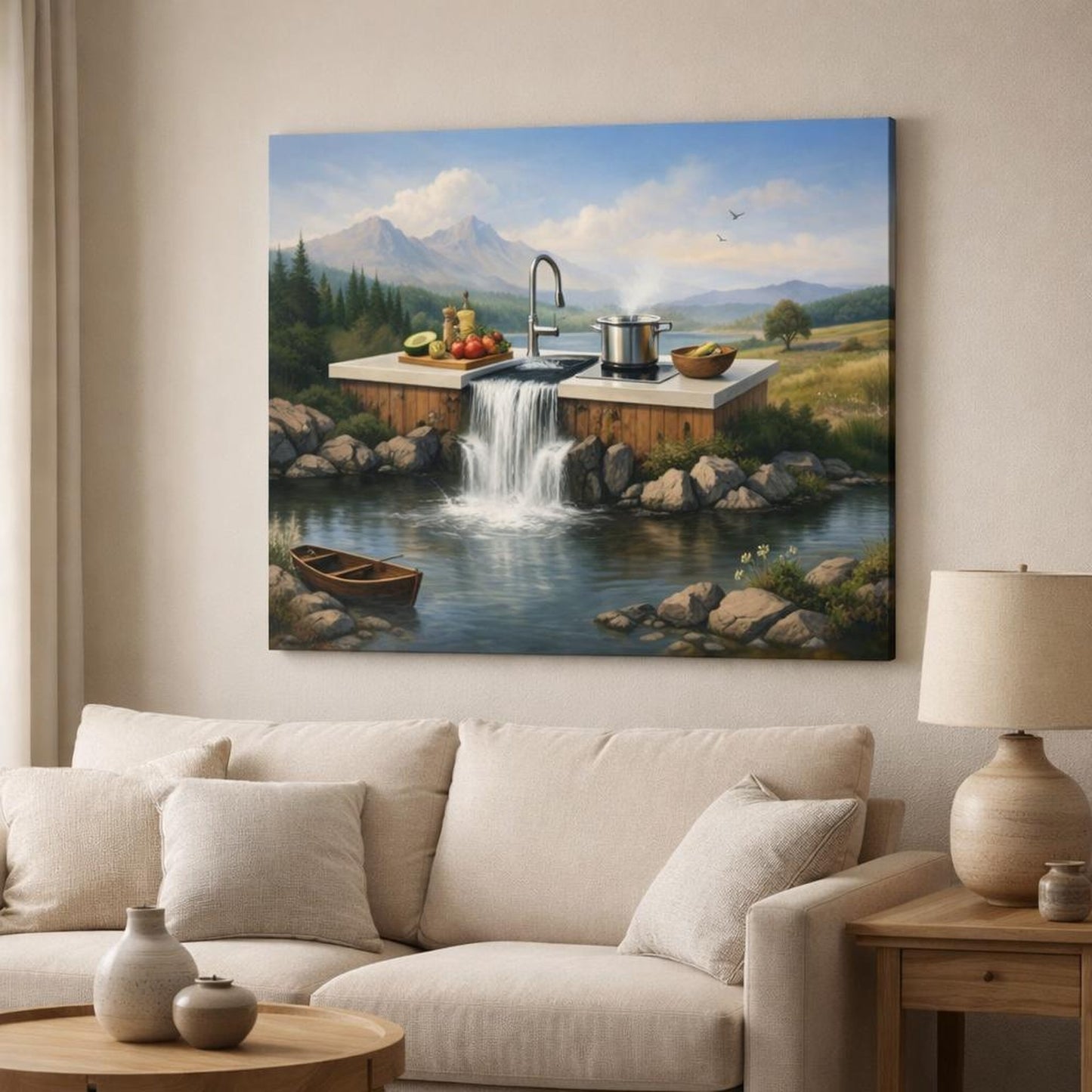 Nature Kitchen Vibes shown as canvas wall art in a modern living room
