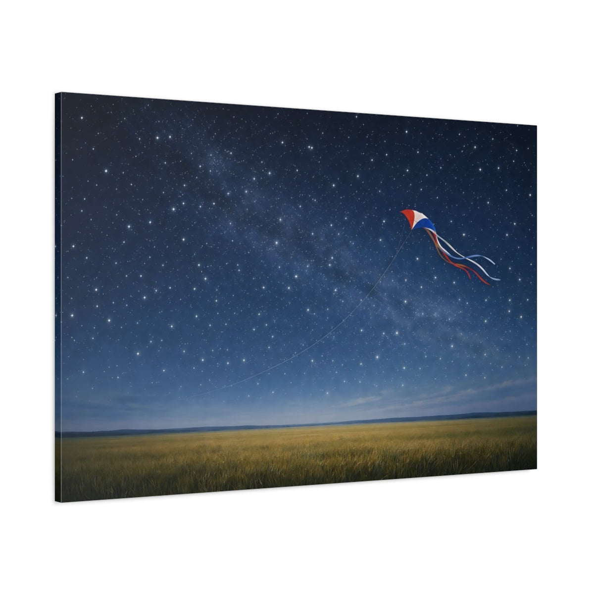 Side Mockup 1. Nature Kite Blue Night Kite shown as stretched canvas wall art