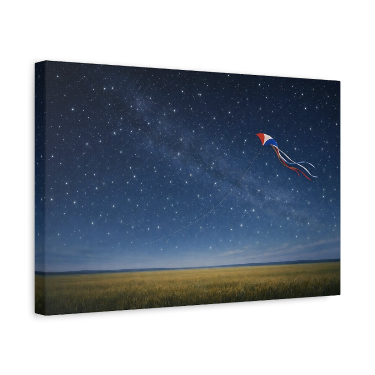 Side Mockup 4. Nature Kite Blue Night Kite shown as stretched canvas wall art