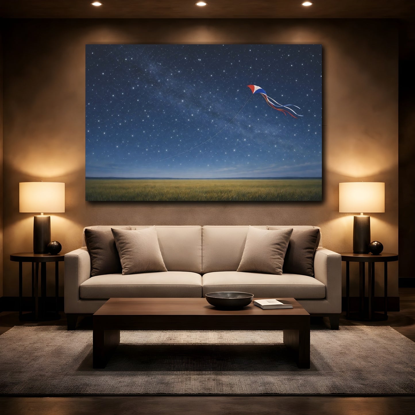 Mockup 2. Nature Kite Blue Night Kite shown as stretched canvas wall art