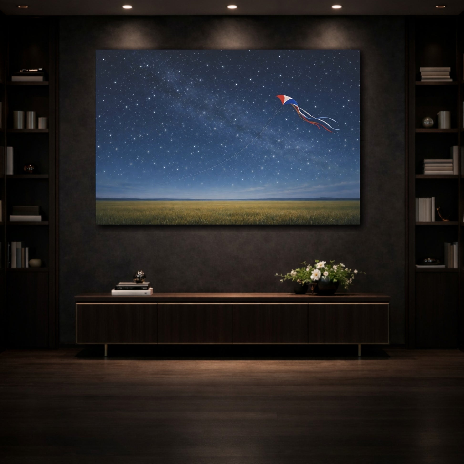 Mockup 3. Nature Kite Blue Night Kite shown as stretched canvas wall art