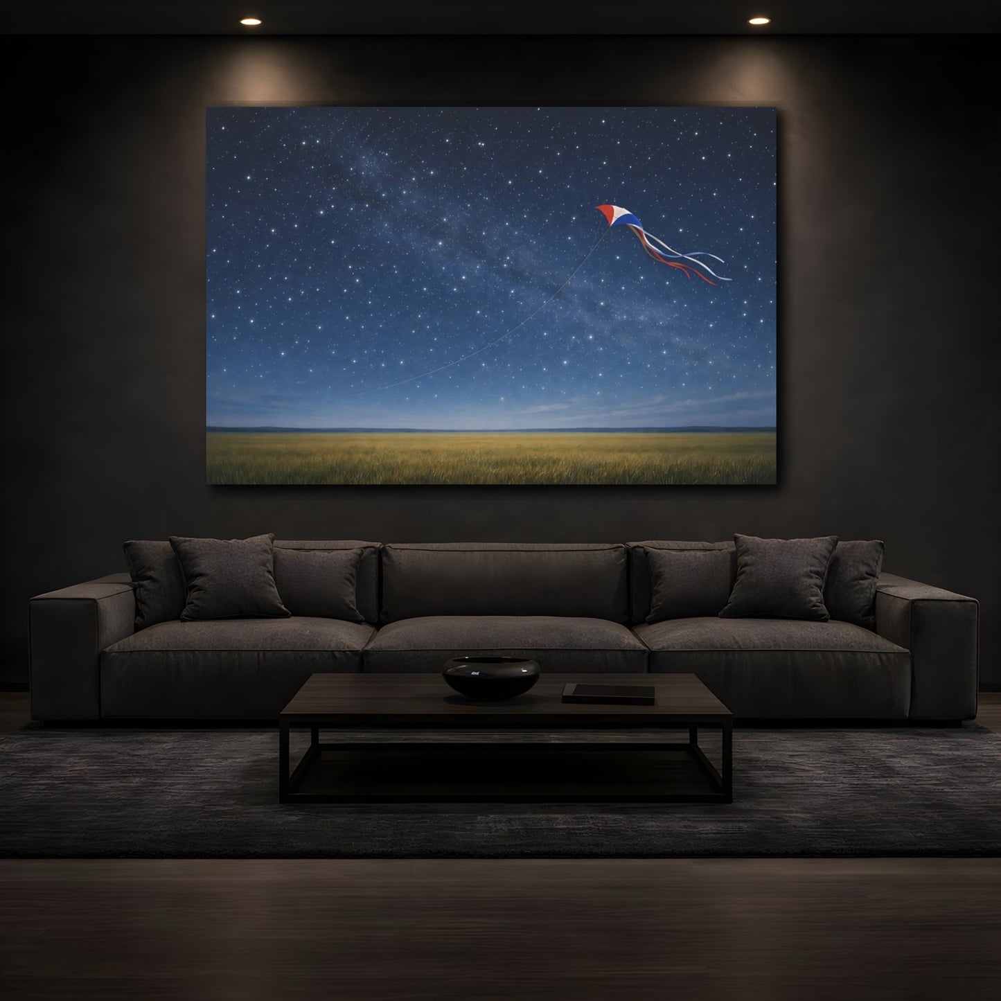 Mockup 4. Nature Kite Blue Night Kite shown as stretched canvas wall art