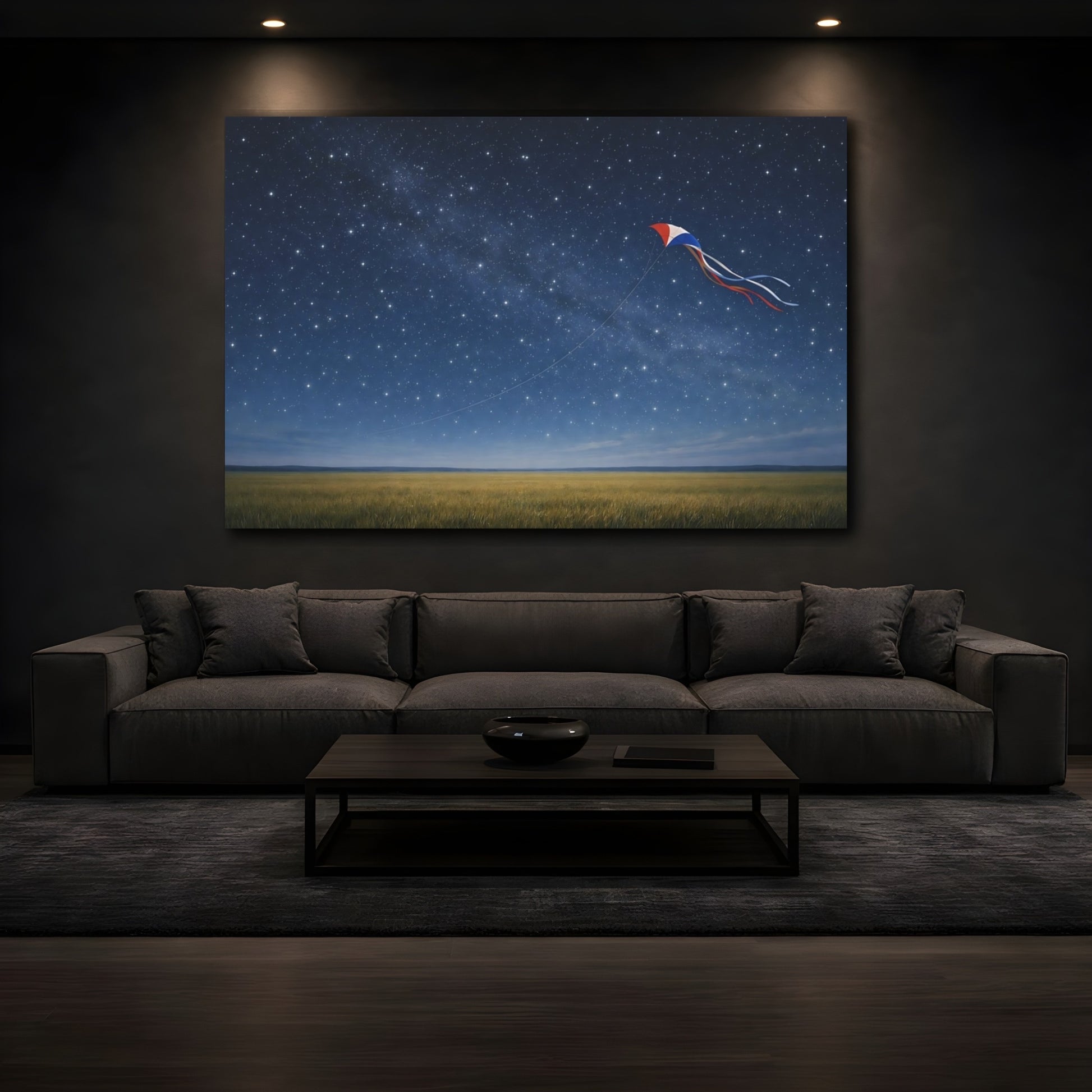 Mockup 4. Nature Kite Blue Night Kite shown as stretched canvas wall art