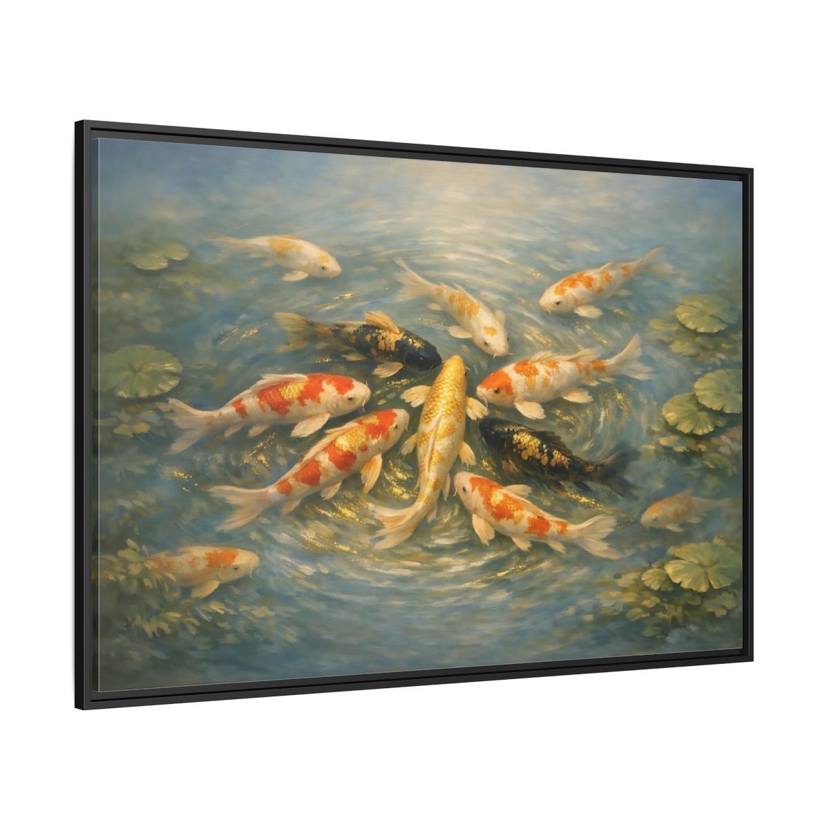Side Mockup 12. Nature Koi Fish Blue And Gold Koi shown as stretched canvas wall art
