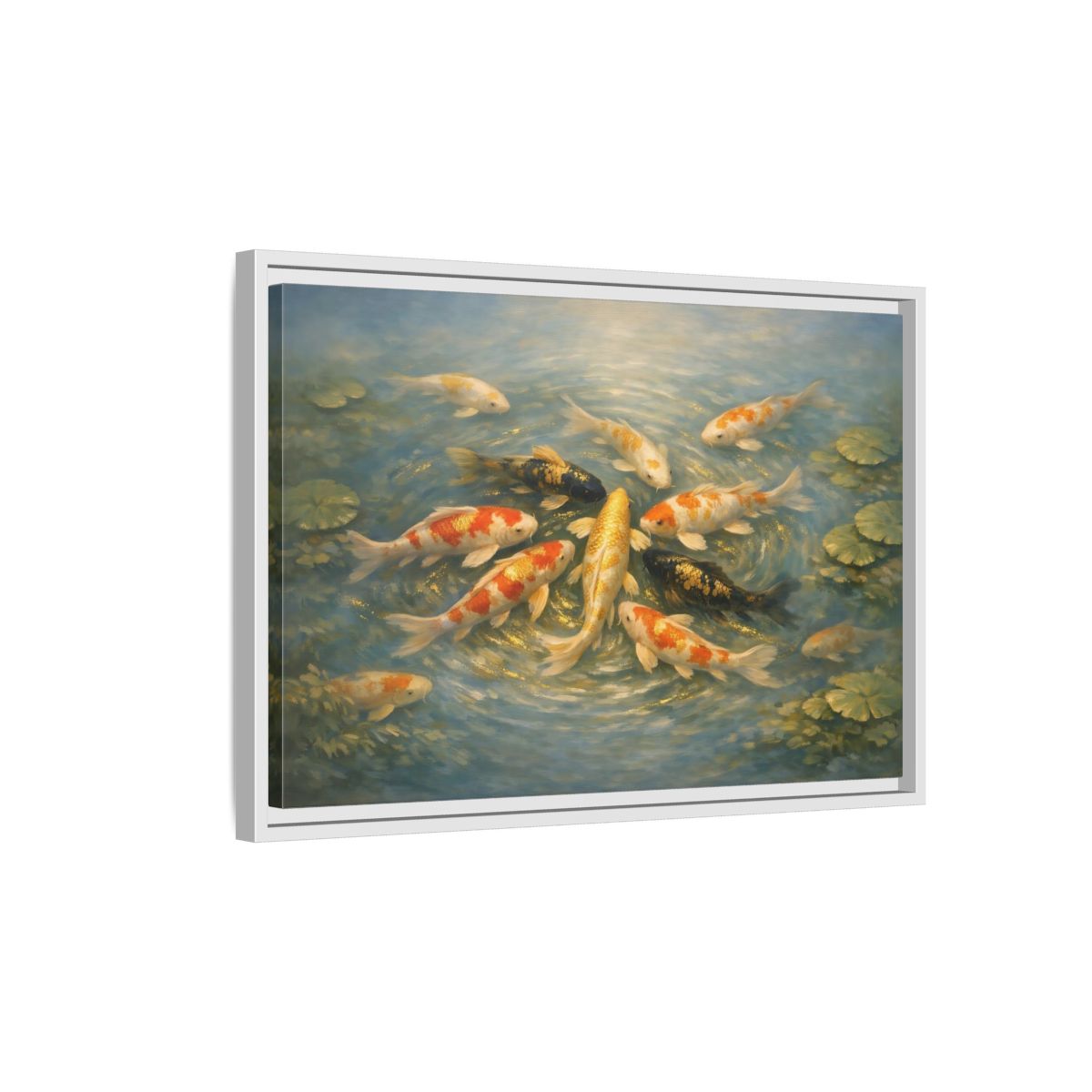 Side Mockup 1. Nature Koi Fish Blue And Gold Koi shown as stretched canvas wall art
