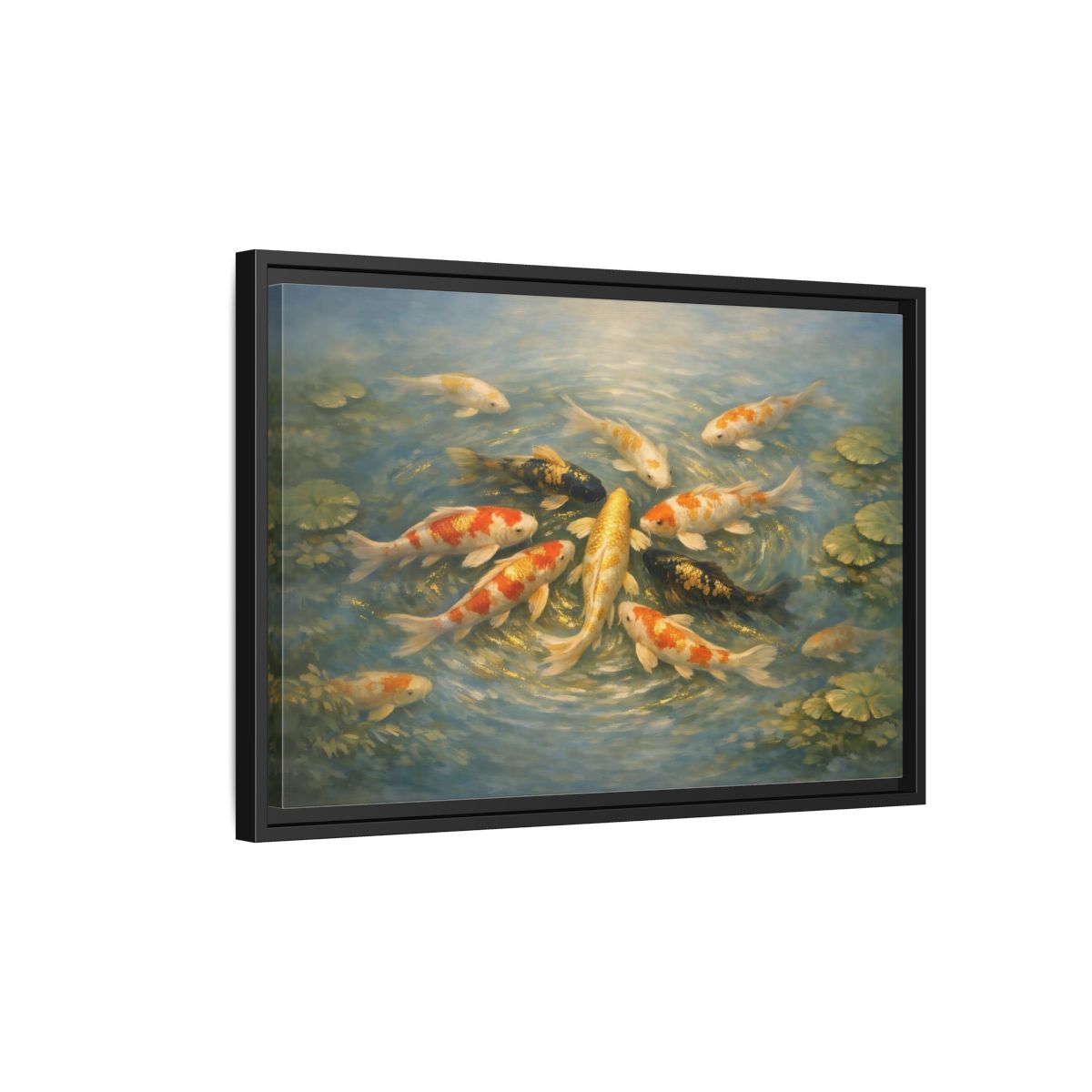 Side Mockup 3. Nature Koi Fish Blue And Gold Koi shown as stretched canvas wall art