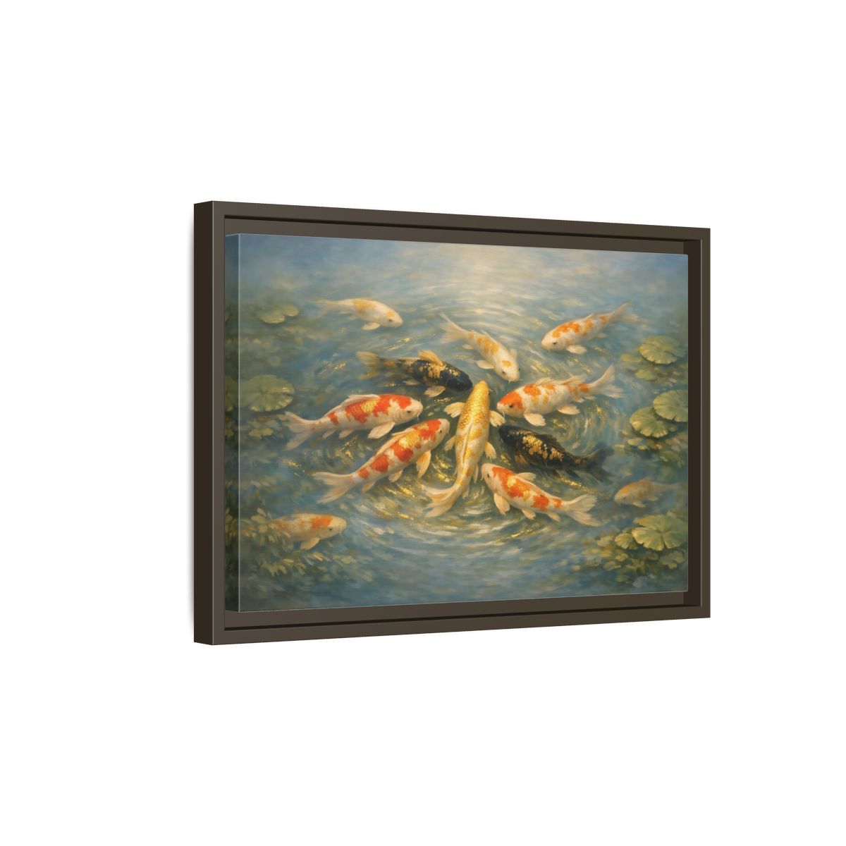 Side Mockup 5. Nature Koi Fish Blue And Gold Koi shown as stretched canvas wall art