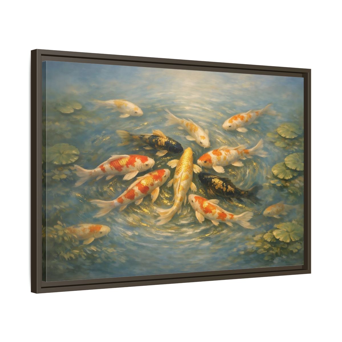 Side Mockup 11. Nature Koi Fish Blue And Gold Koi shown as stretched canvas wall art