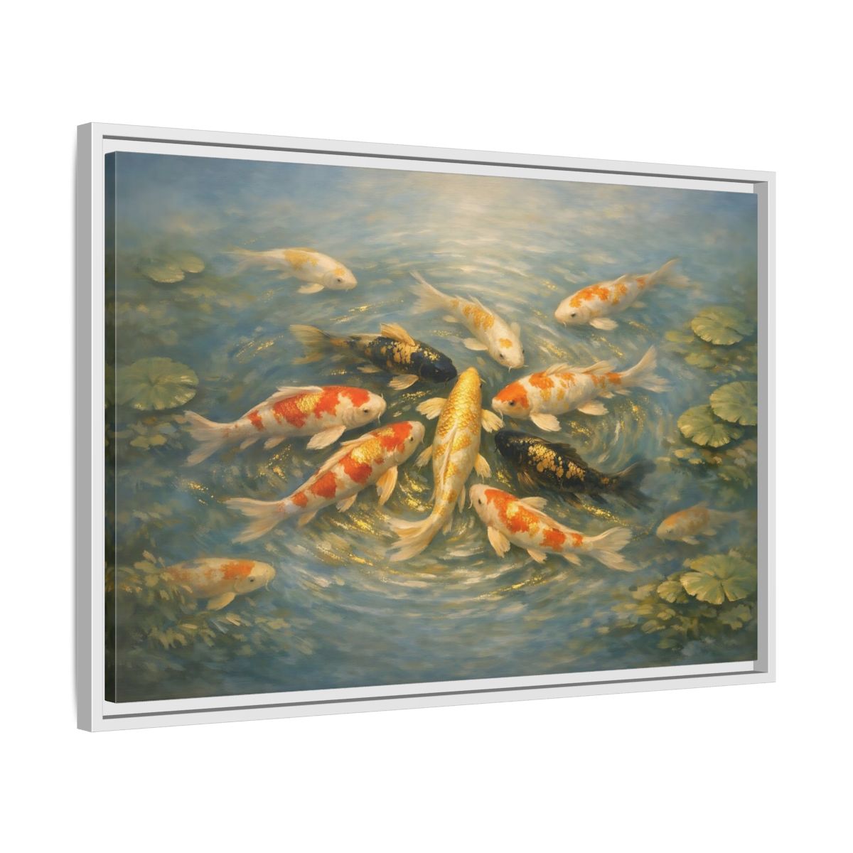 Side Mockup 10. Nature Koi Fish Blue And Gold Koi shown as stretched canvas wall art