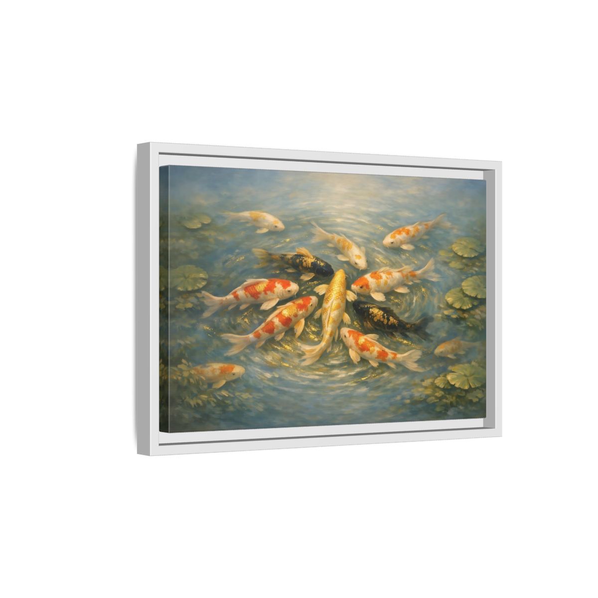 Side Mockup 4. Nature Koi Fish Blue And Gold Koi shown as stretched canvas wall art