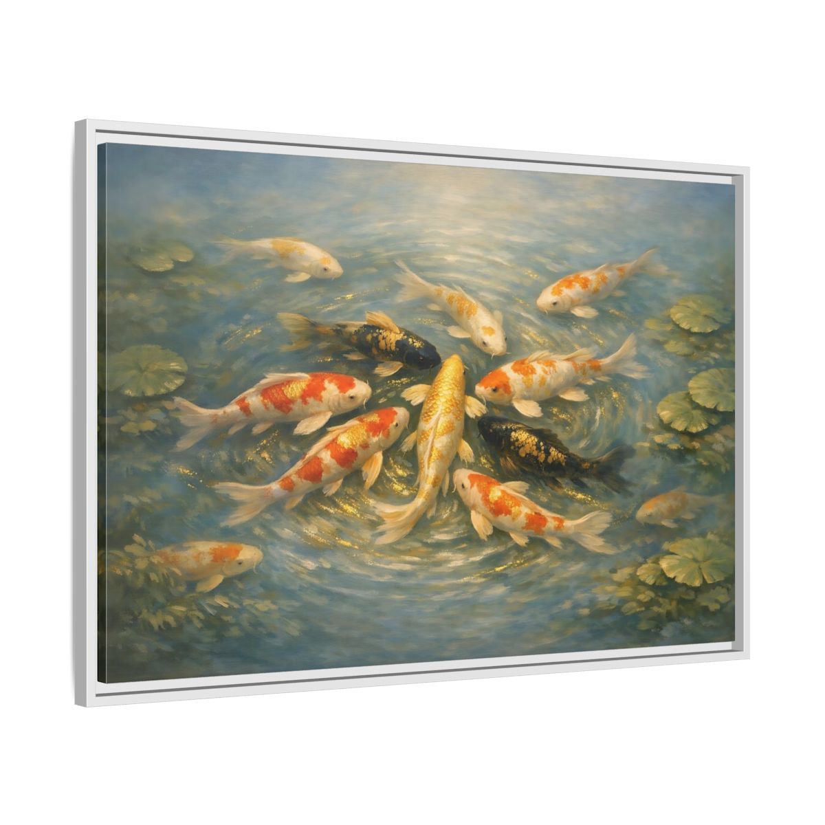 Side Mockup 8. Nature Koi Fish Blue And Gold Koi shown as stretched canvas wall art
