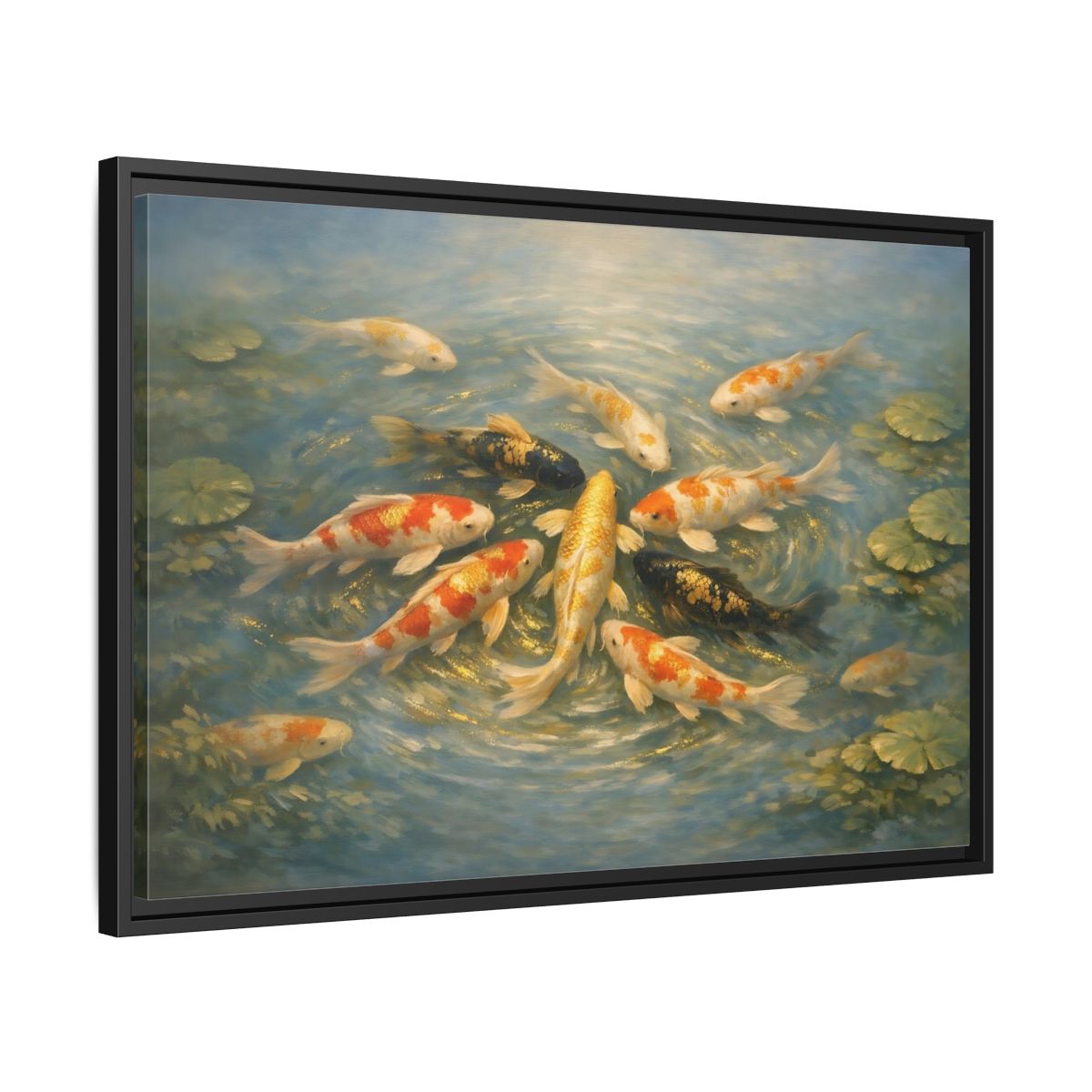 Side Mockup 14. Nature Koi Fish Blue And Gold Koi shown as stretched canvas wall art