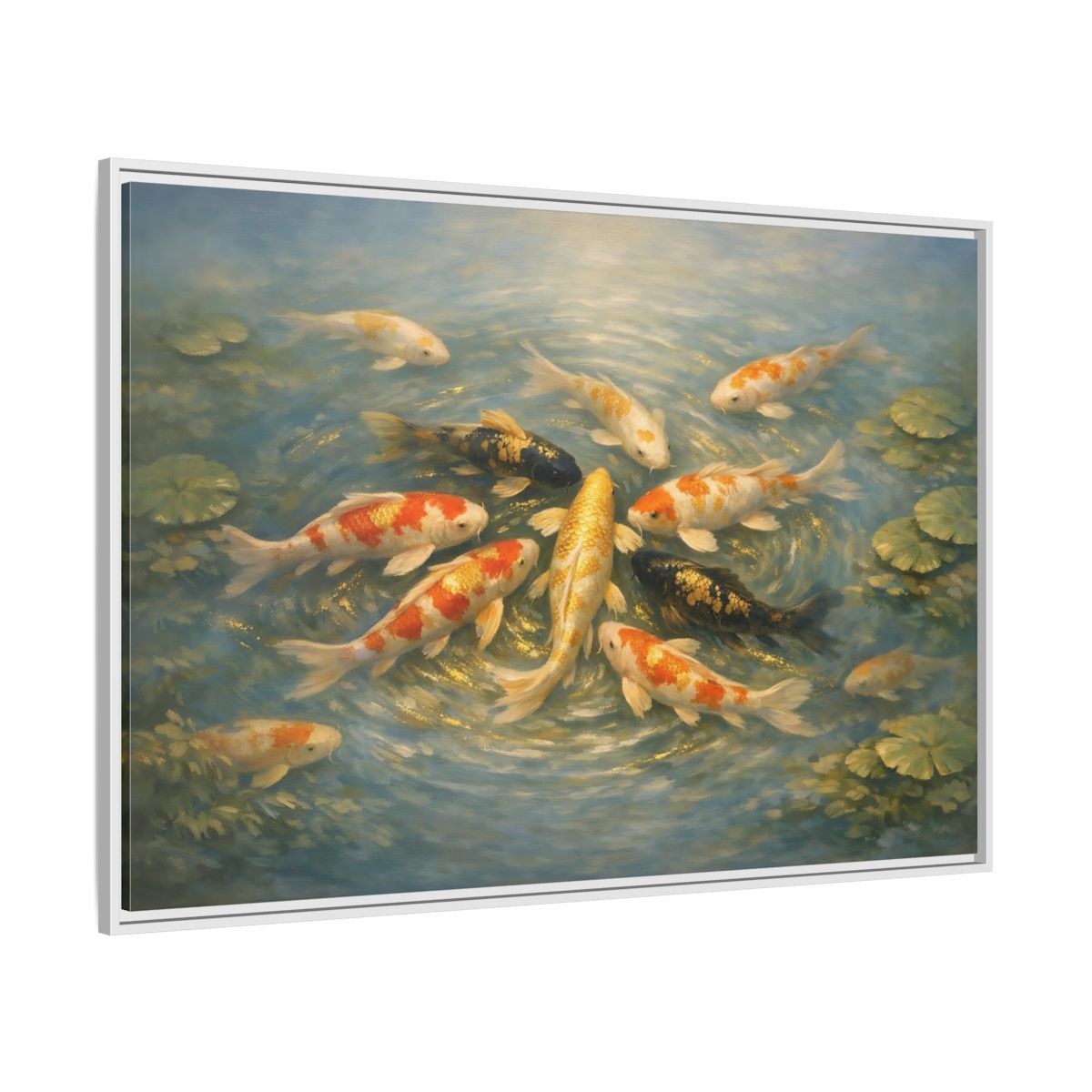 Side Mockup 7. Nature Koi Fish Blue And Gold Koi shown as stretched canvas wall art