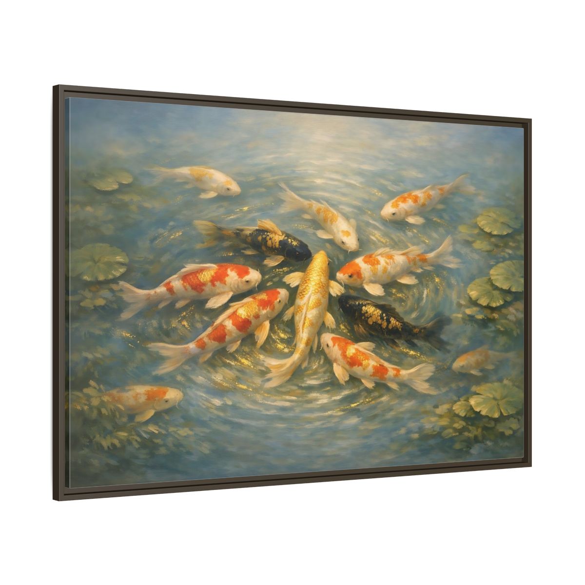Main Mockup. Nature Koi Fish Blue And Gold Koi shown as stretched canvas wall art