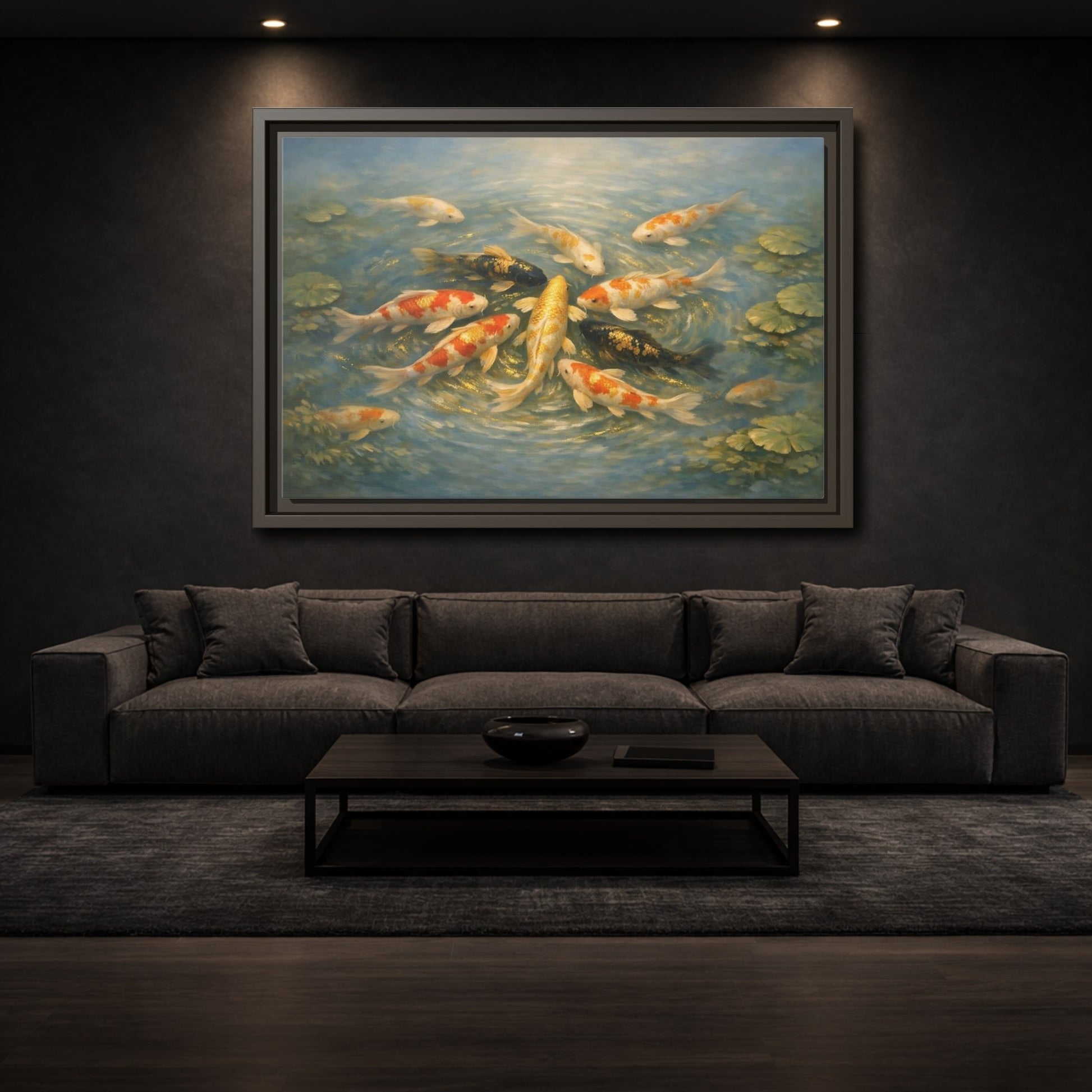 Mockup 2. Nature Koi Fish Blue And Gold Koi shown as stretched canvas wall art
