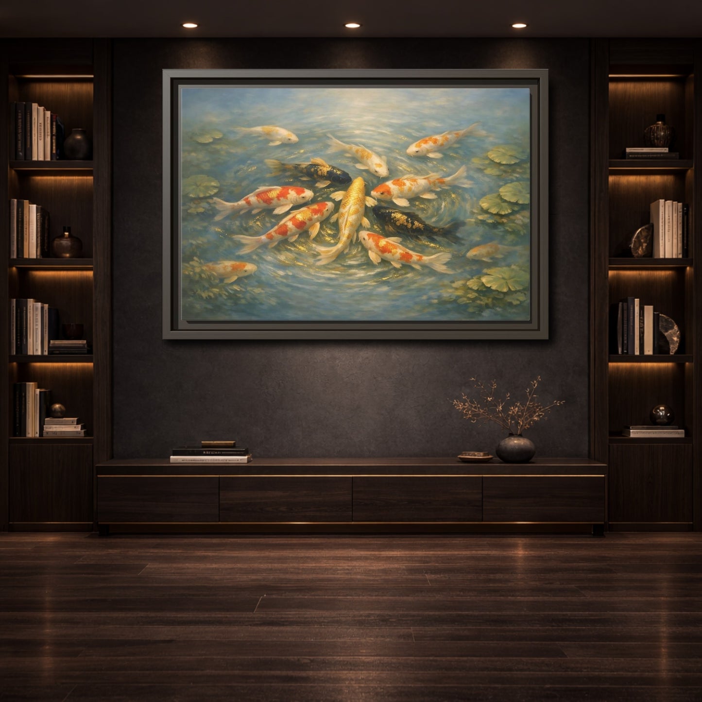 Mockup 3. Nature Koi Fish Blue And Gold Koi shown as stretched canvas wall art