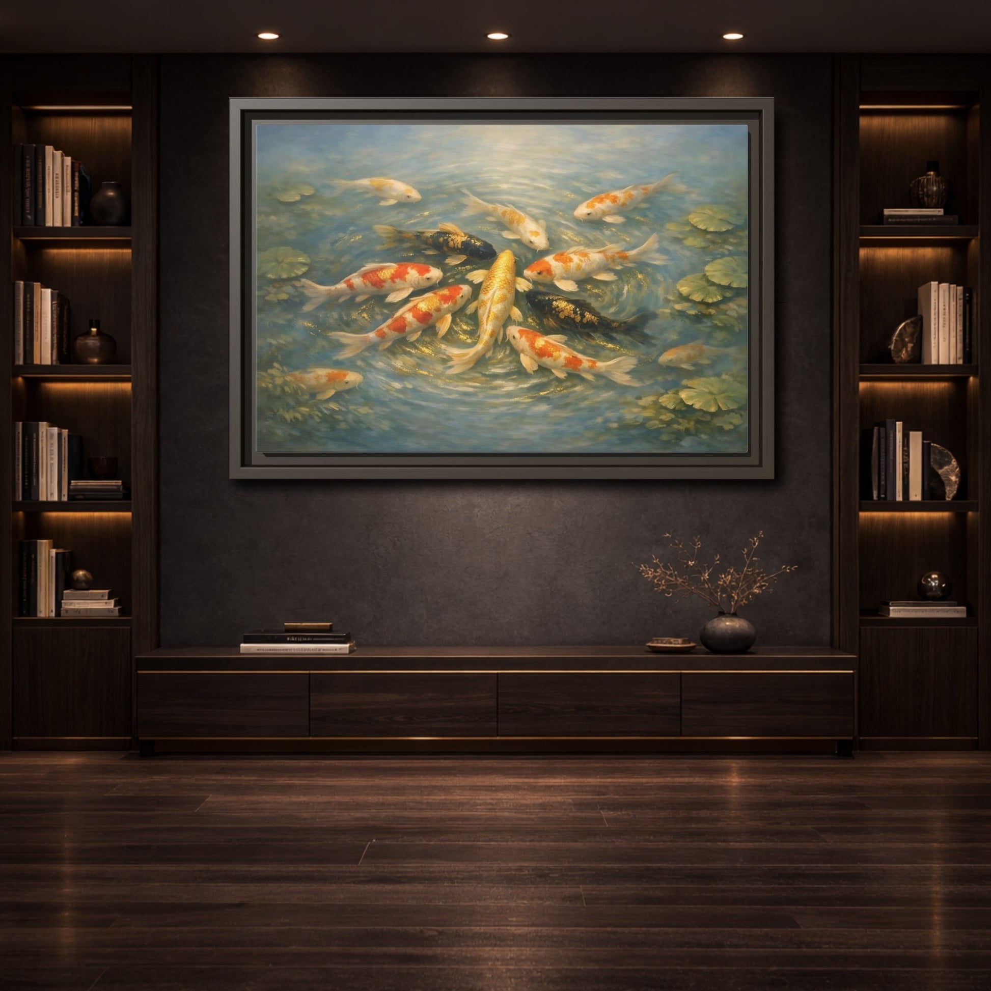 Mockup 3. Nature Koi Fish Blue And Gold Koi shown as stretched canvas wall art