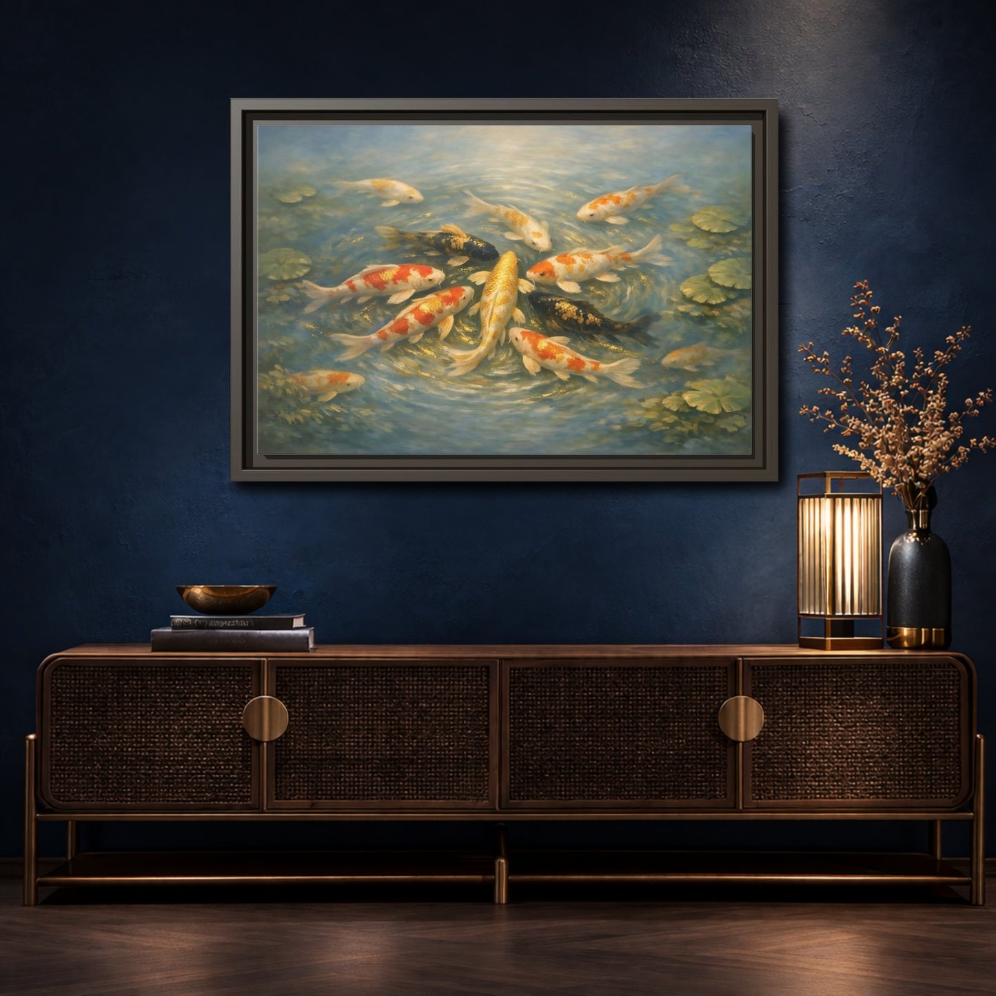 Mockup 4. Nature Koi Fish Blue And Gold Koi shown as stretched canvas wall art