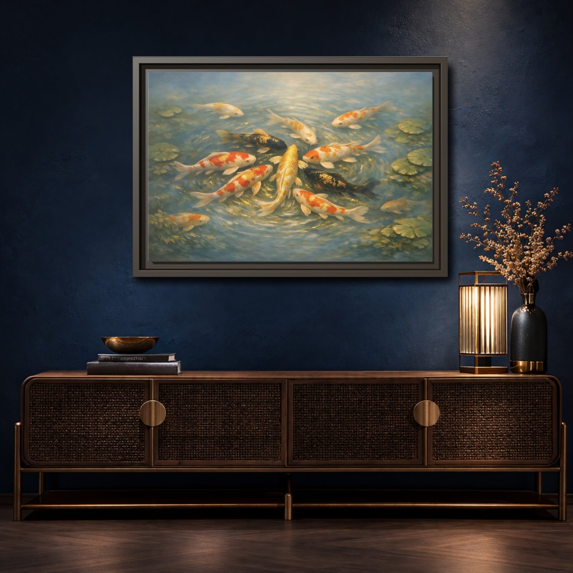 Mockup 4. Nature Koi Fish Blue And Gold Koi shown as stretched canvas wall art