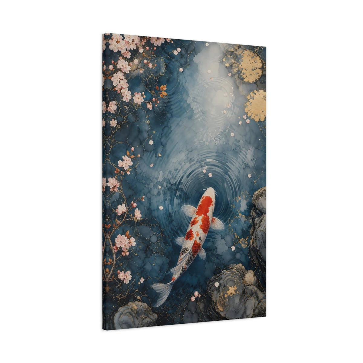 Main Mockup. Nature Koi Fish Blue And Orange shown as stretched canvas wall art