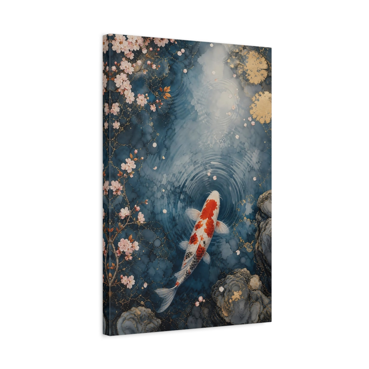 Side Mockup 3. Nature Koi Fish Blue And Orange shown as stretched canvas wall art