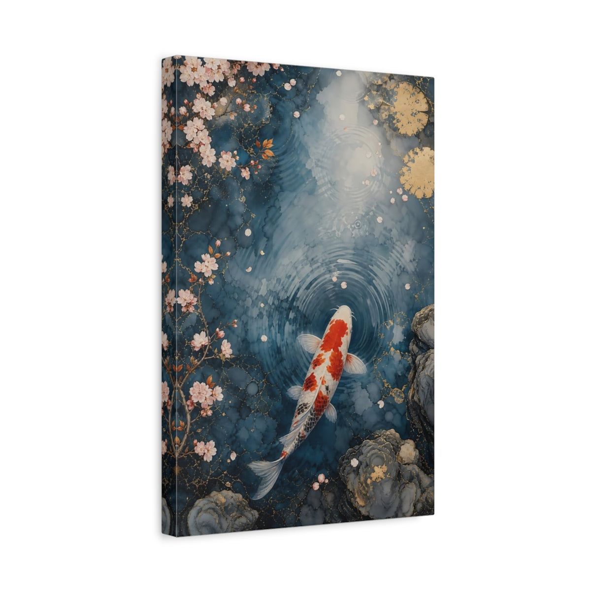 Side Mockup 4. Nature Koi Fish Blue And Orange shown as stretched canvas wall art