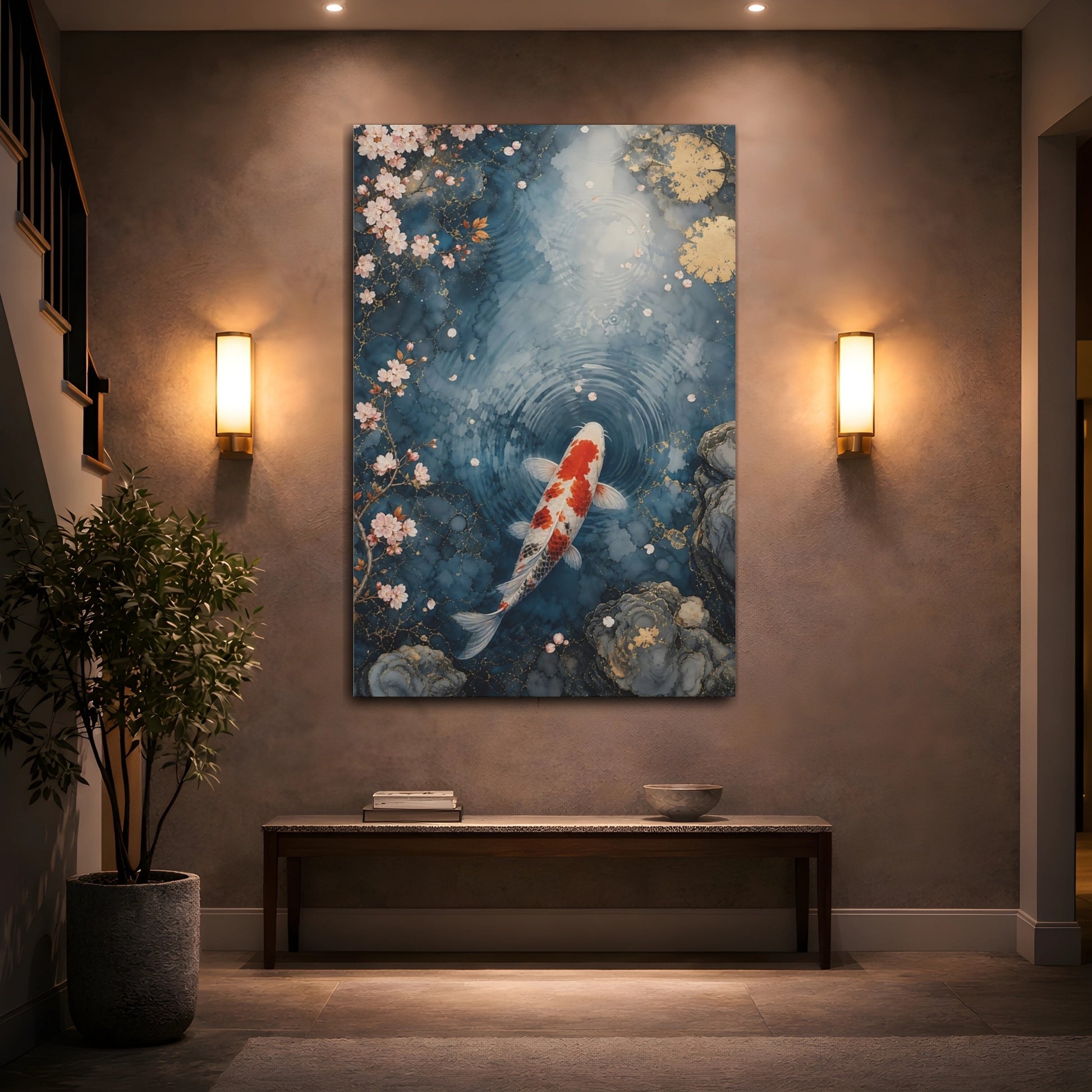 Mockup 2. Nature Koi Fish Blue And Orange shown as stretched canvas wall art