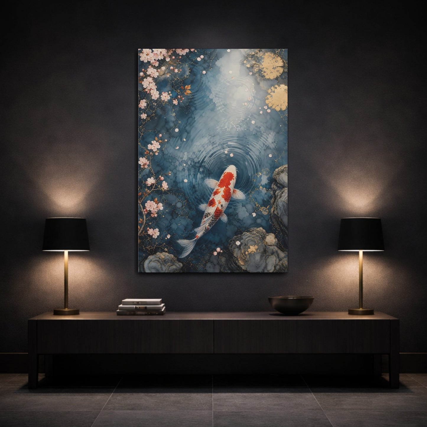 Mockup 3. Nature Koi Fish Blue And Orange shown as stretched canvas wall art