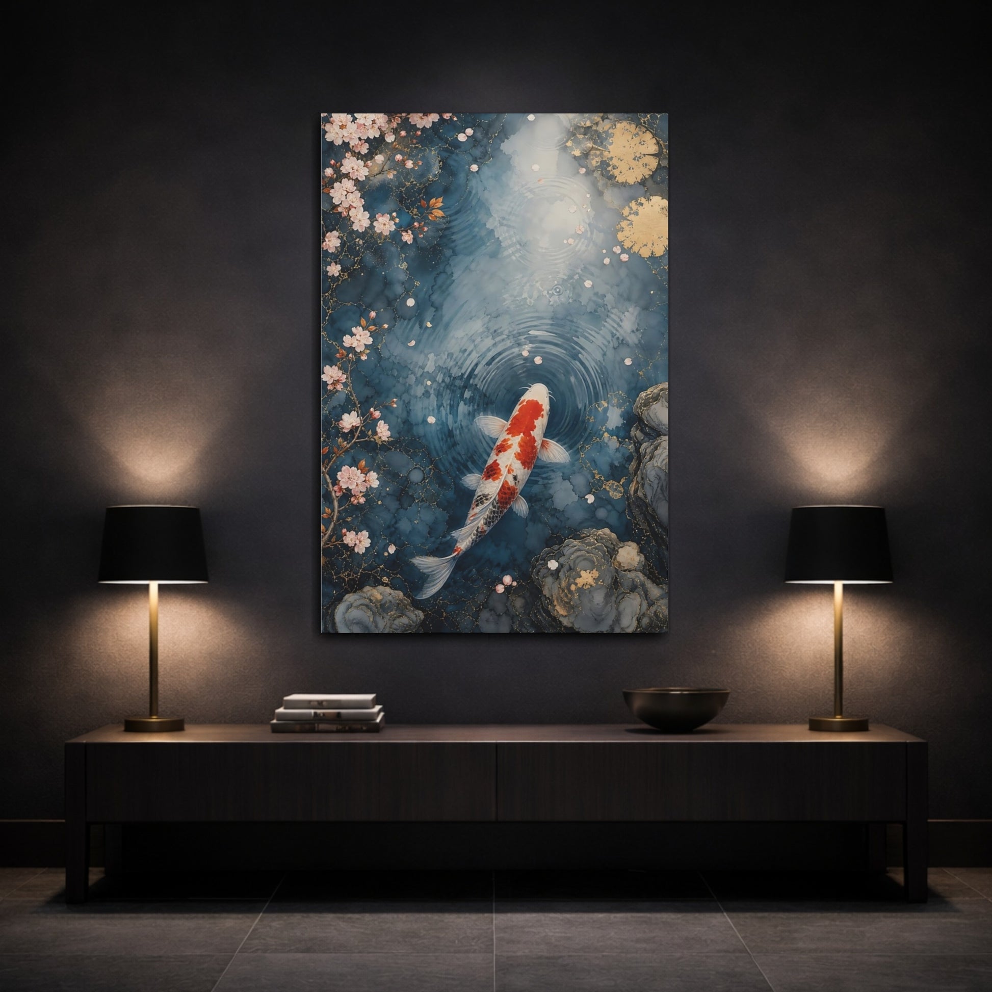 Mockup 3. Nature Koi Fish Blue And Orange shown as stretched canvas wall art