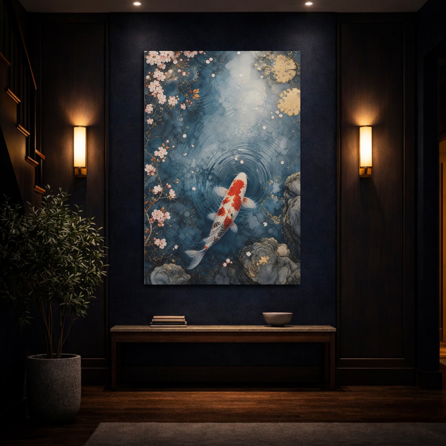 Mockup 4. Nature Koi Fish Blue And Orange shown as stretched canvas wall art
