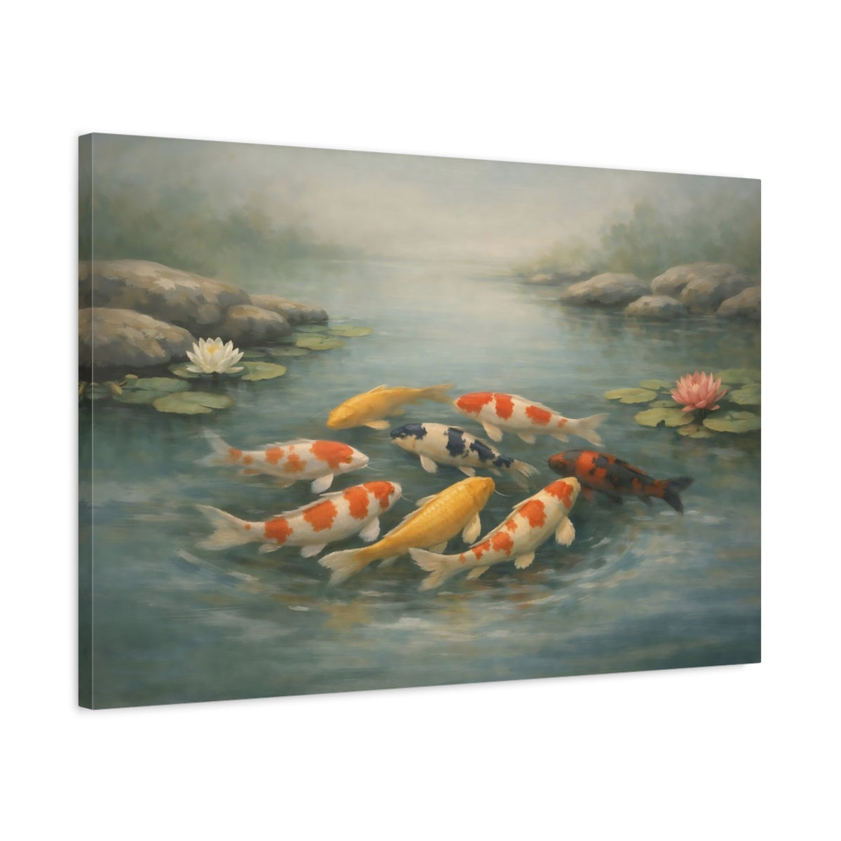 Side Mockup 2. Nature Koi Fish Colorful Koi shown as stretched canvas wall art
