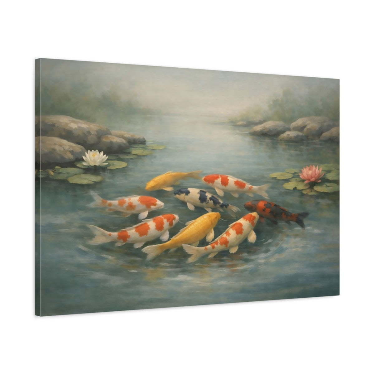 Side Mockup 1. Nature Koi Fish Colorful Koi shown as stretched canvas wall art