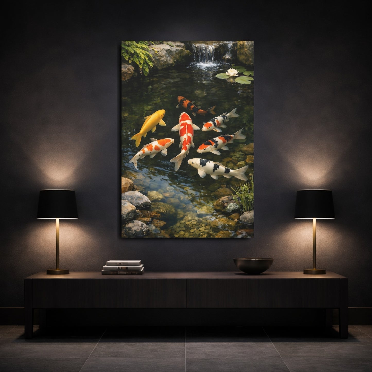 Mockup 2. Nature Koi Fish Colorful Koi Fish shown as stretched canvas wall art
