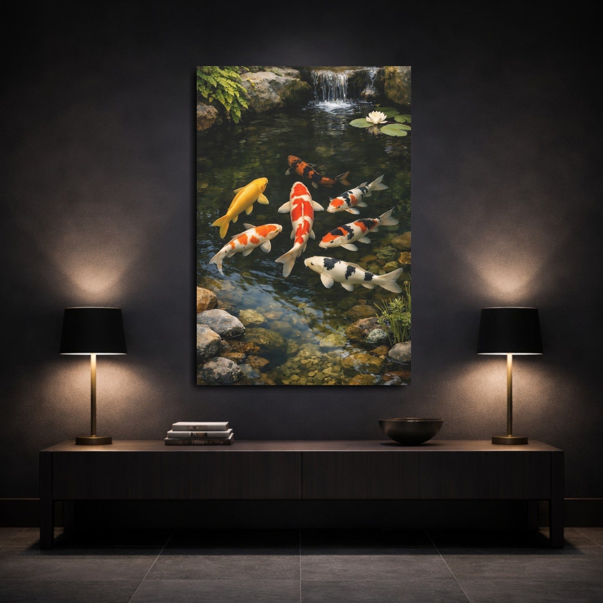 Mockup 2. Nature Koi Fish Colorful Koi Fish shown as stretched canvas wall art