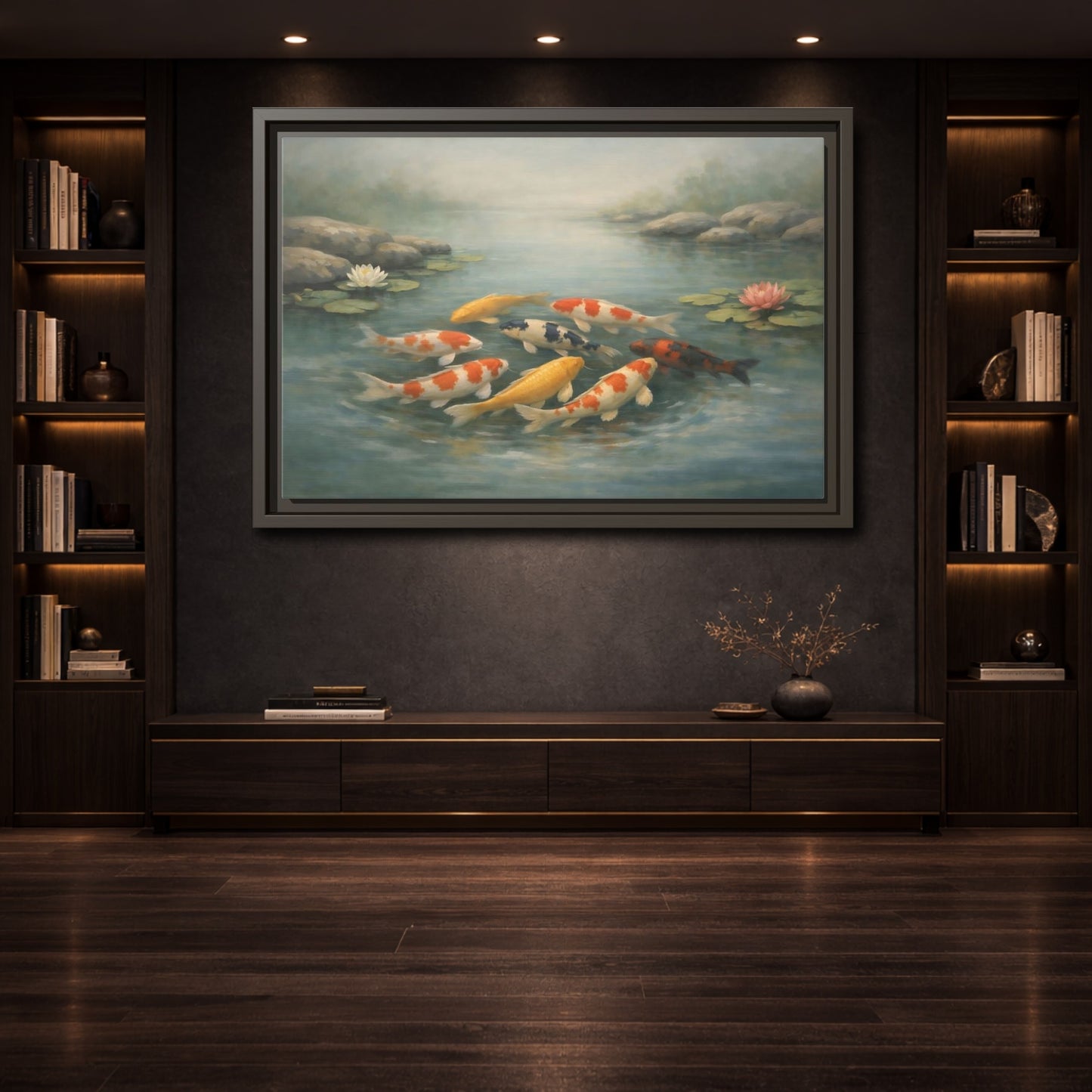 Mockup 3. Nature Koi Fish Colorful Koi Fish shown as stretched canvas wall art