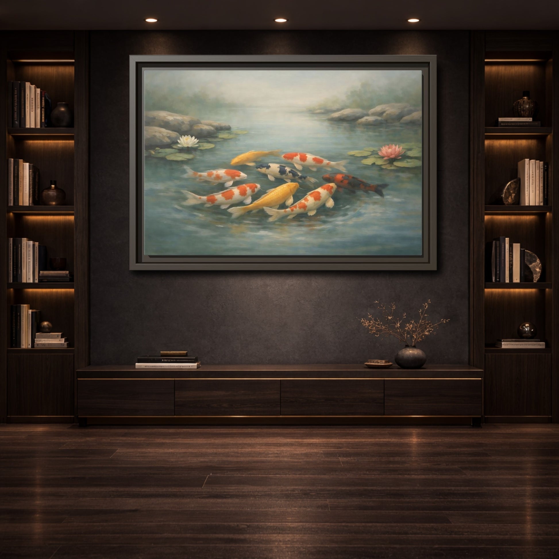 Mockup 3. Nature Koi Fish Colorful Koi Fish shown as stretched canvas wall art