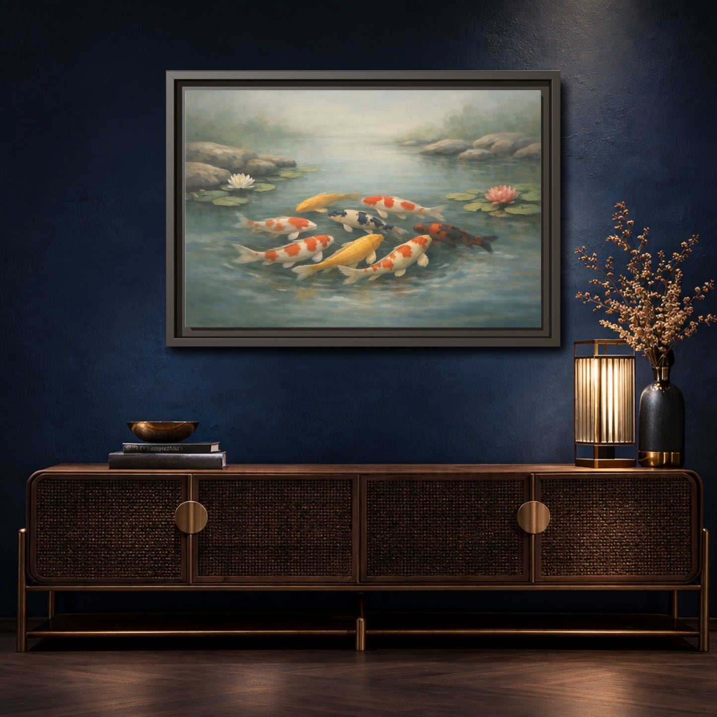 Mockup 4. Nature Koi Fish Colorful Koi Fish shown as stretched canvas wall art
