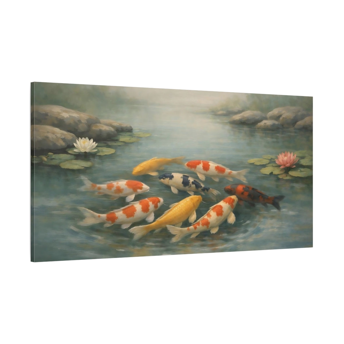 Main Mockup. Nature Koi Fish Colorful Koi Pond shown as stretched canvas wall art