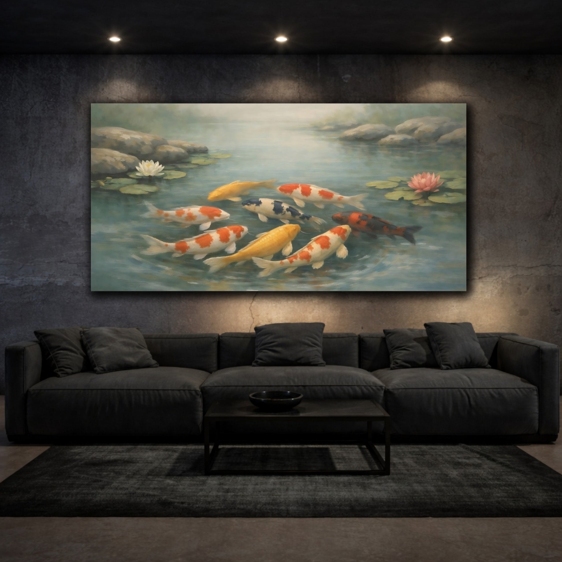 Mockup 2. Nature Koi Fish Colorful Koi Pond shown as stretched canvas wall art